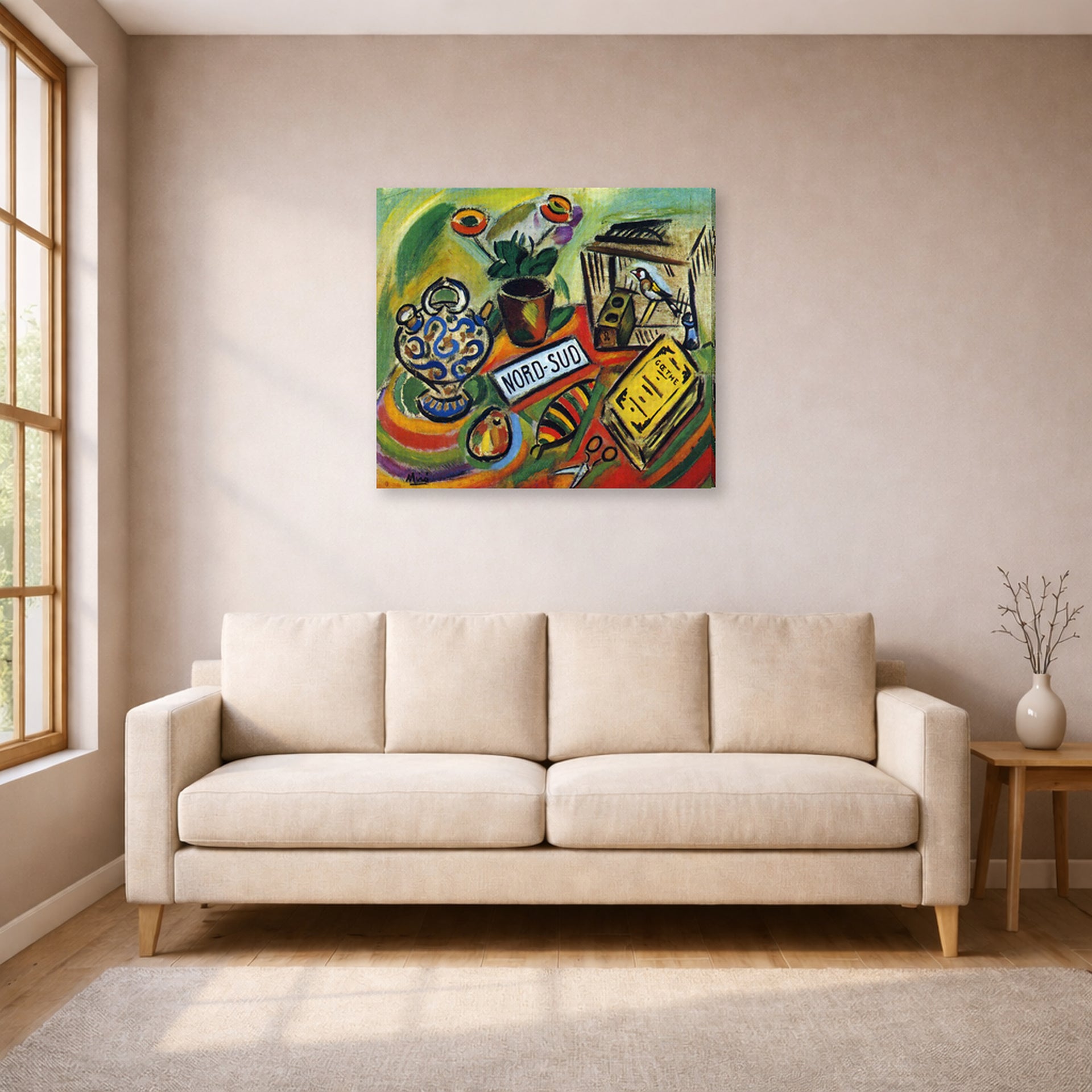 Gallery-wrapped canvas print of Joan Miró's 'North South' displayed on a wall in a living room