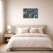 Gallery-wrapped canvas print of Joan Miró's 'Painting 1925-1964' displayed on a wall in a bedroom