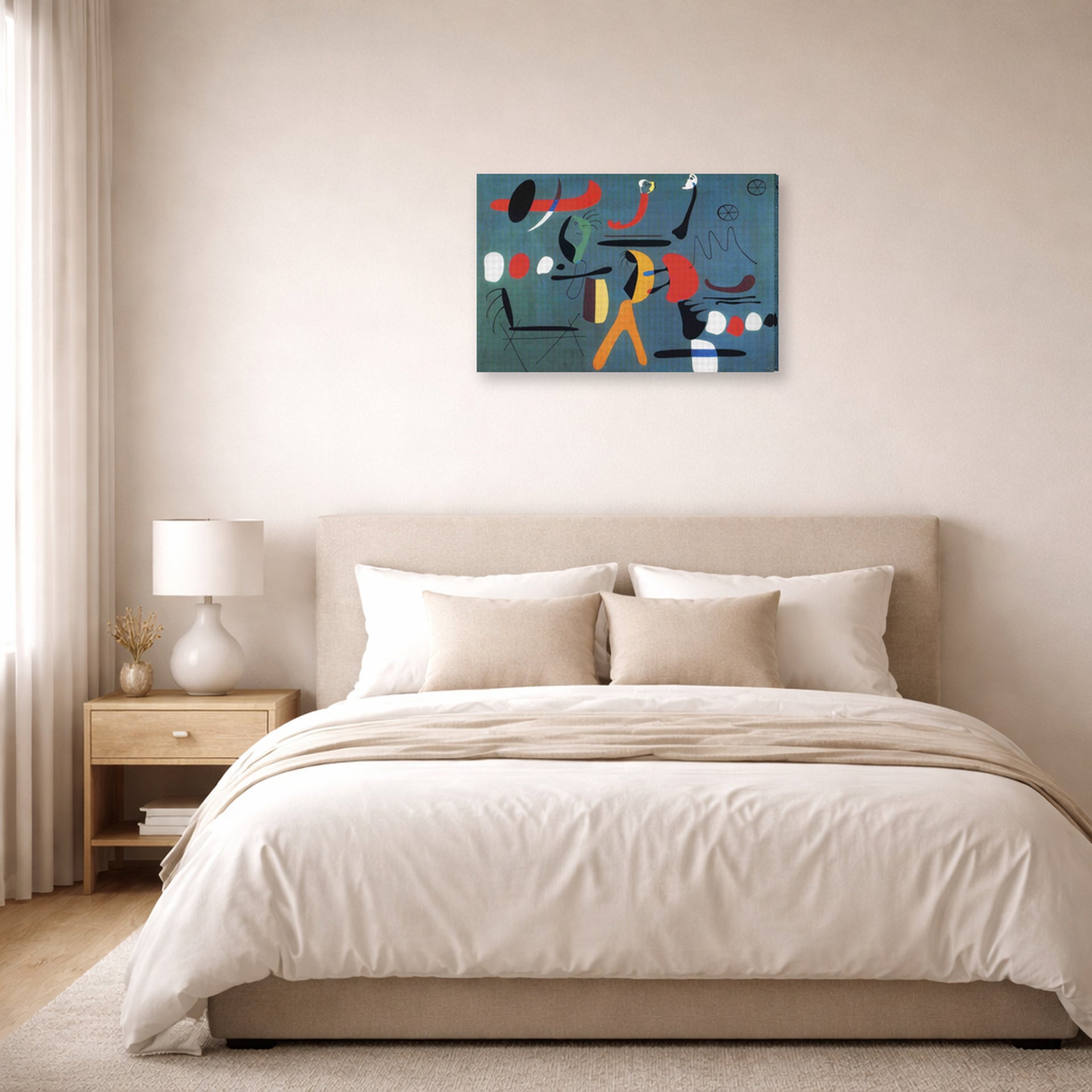 Gallery-wrapped canvas print of Joan Miró's 'Painting 1925-1964' displayed on a wall in a bedroom