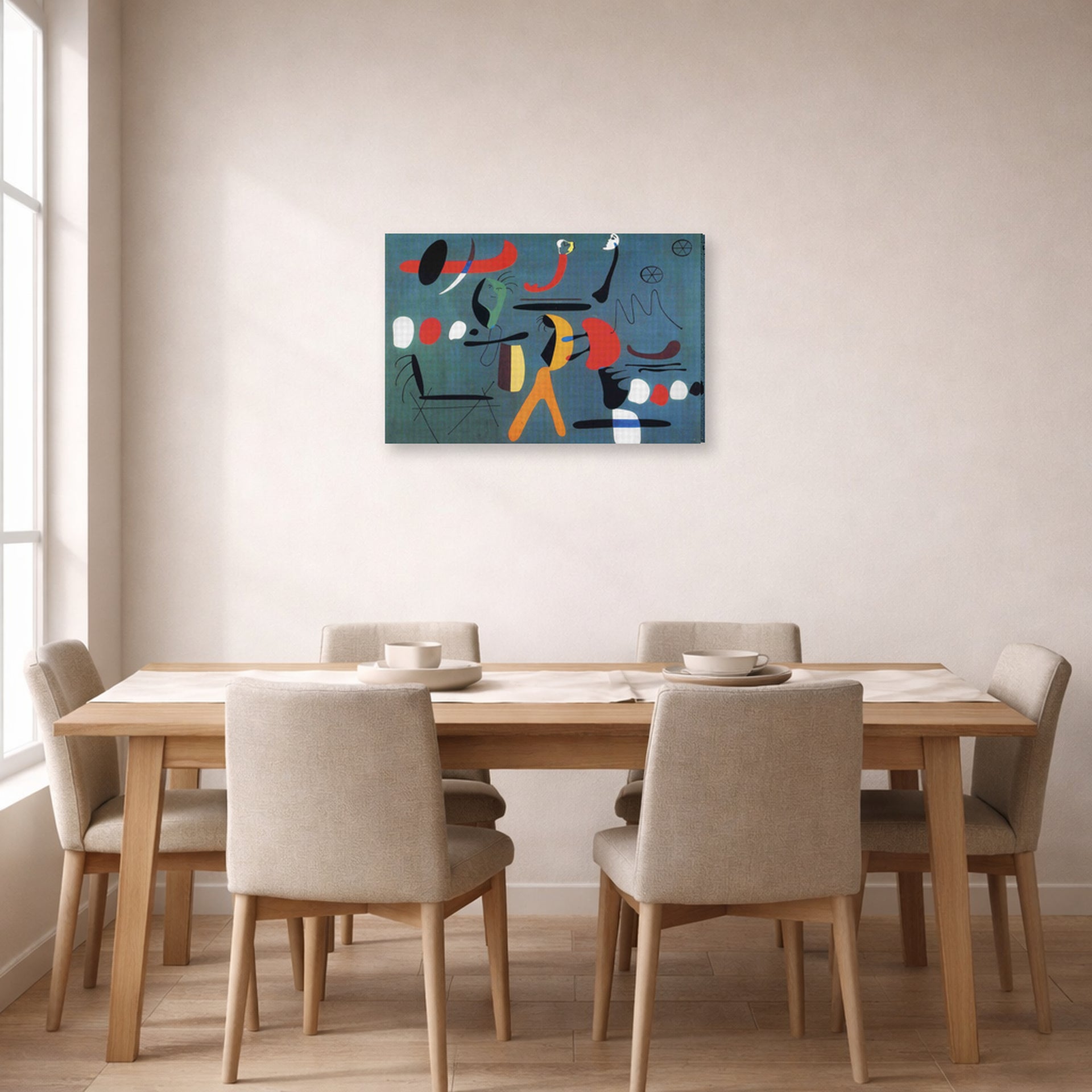 Gallery-wrapped canvas print of Joan Miró's 'Painting 1925-1964' displayed on a wall in a dining room