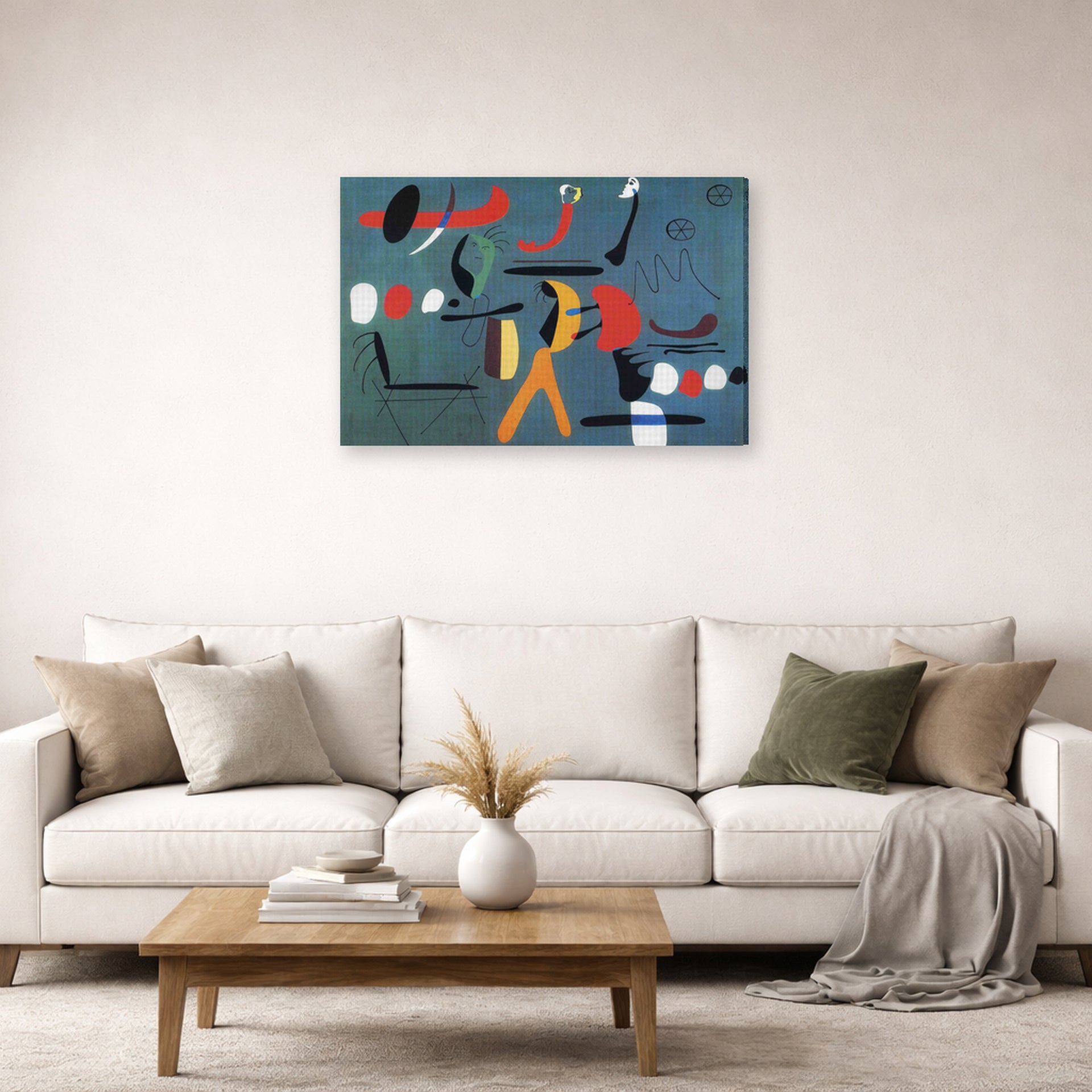 Gallery-wrapped canvas print of Joan Miró's 'Painting 1925-1964' displayed on a wall in a living room