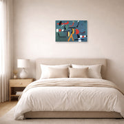 Unframed poster print of Joan Miró's 'Painting 1925-1964' displayed on a wall in a bedroom