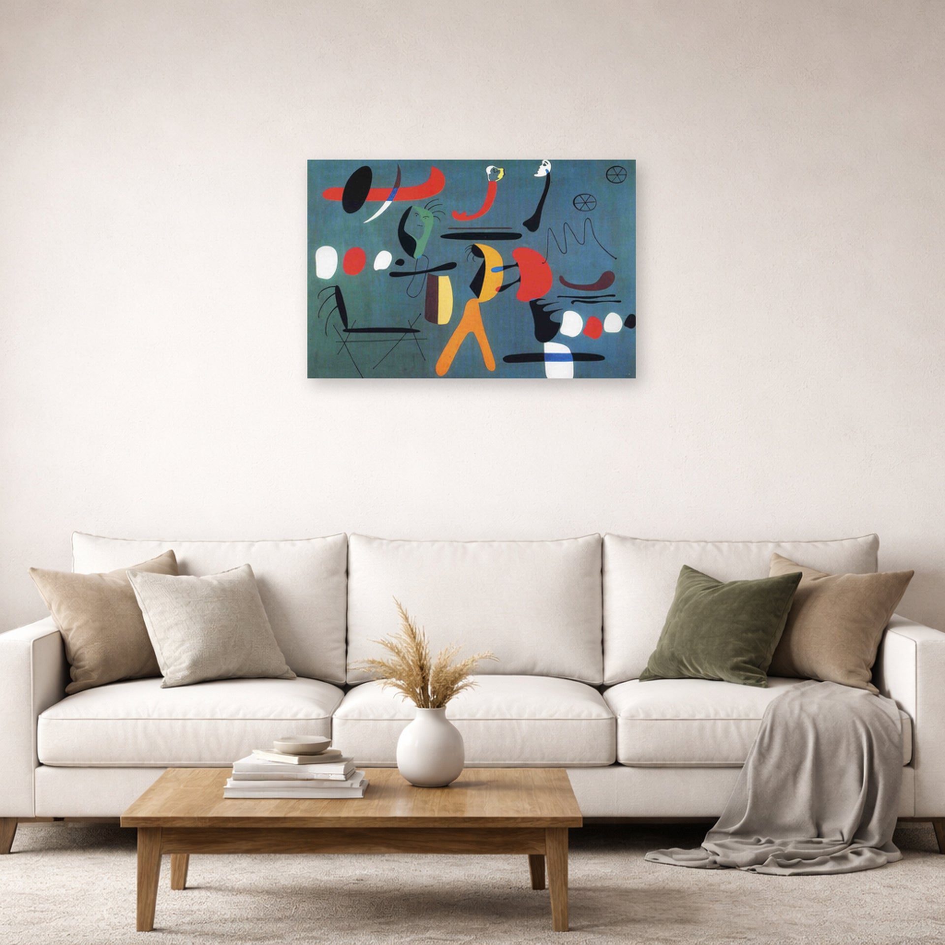 Unframed poster print of Joan Miró's 'Painting 1925-1964' displayed on a wall in a living room