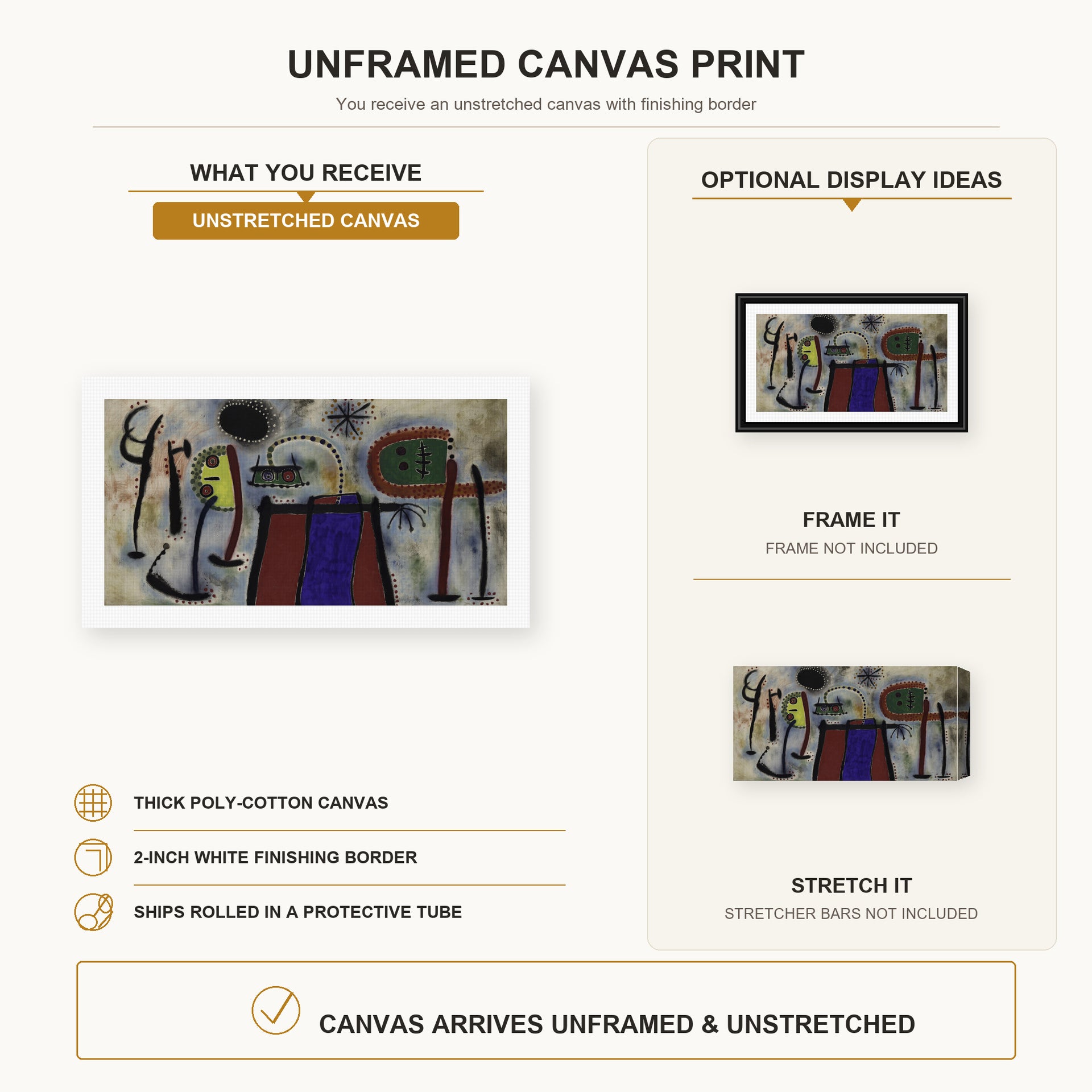 Joan Miró - Painting (peinture) canvas print size comparison and framing display infographic