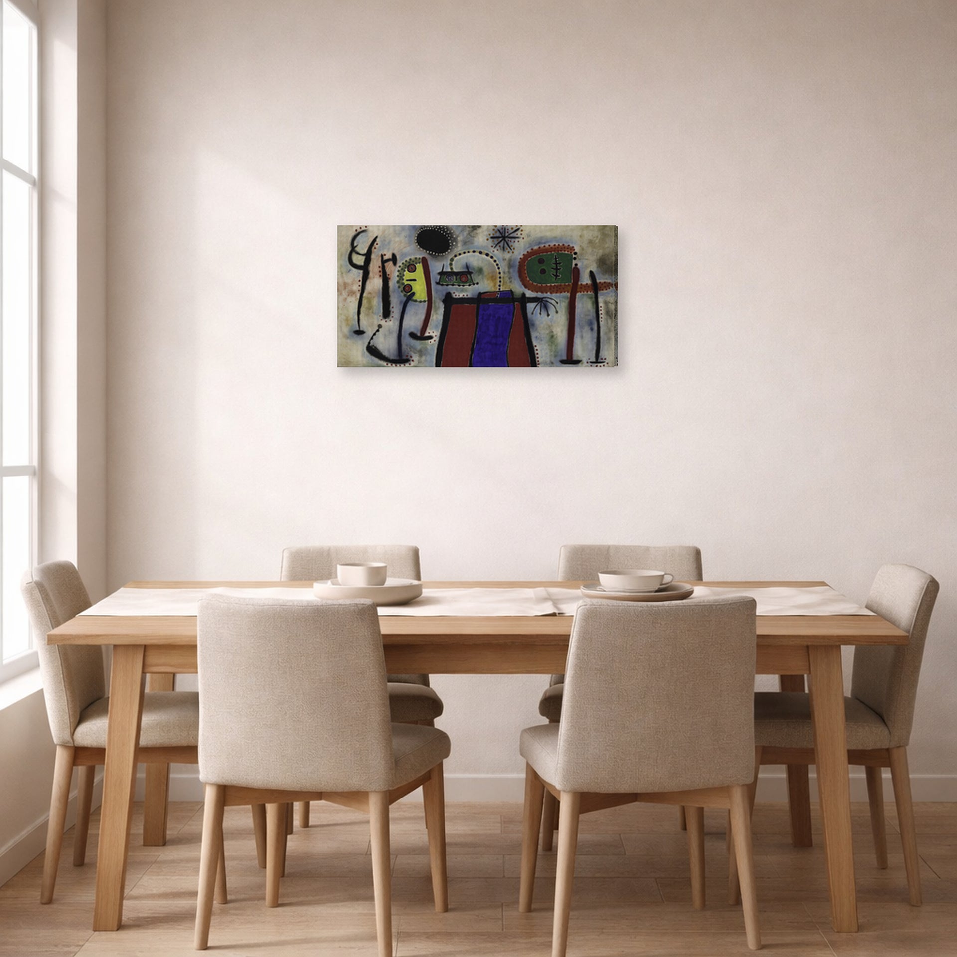 Gallery-wrapped canvas print of Joan Miró's 'Painting (peinture)' displayed on a wall in a dining room
