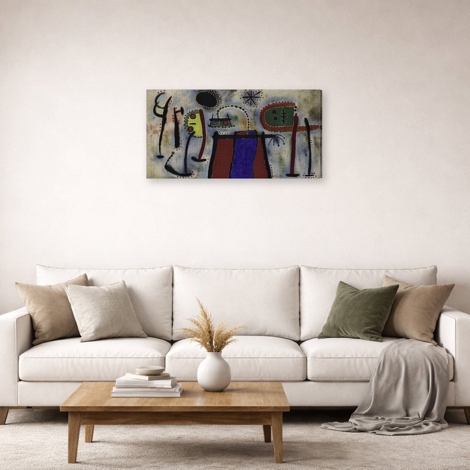 Gallery-wrapped canvas print of Joan Miró's 'Painting (peinture)' displayed on a wall in a living room