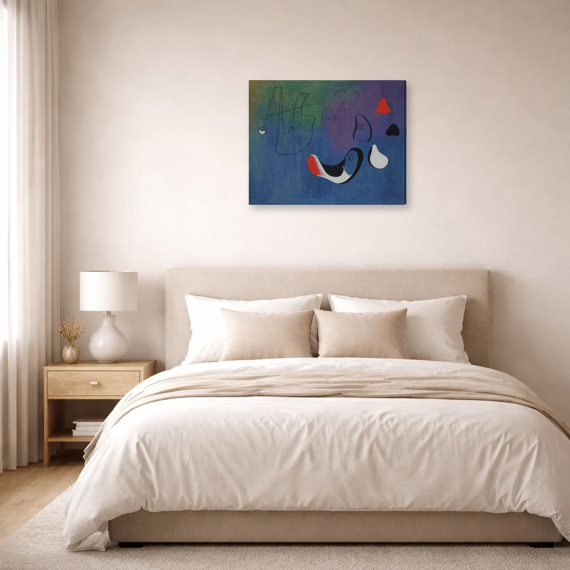 Gallery-wrapped canvas print of Joan Miró's 'Peinture,1933' displayed on a wall in a bedroom