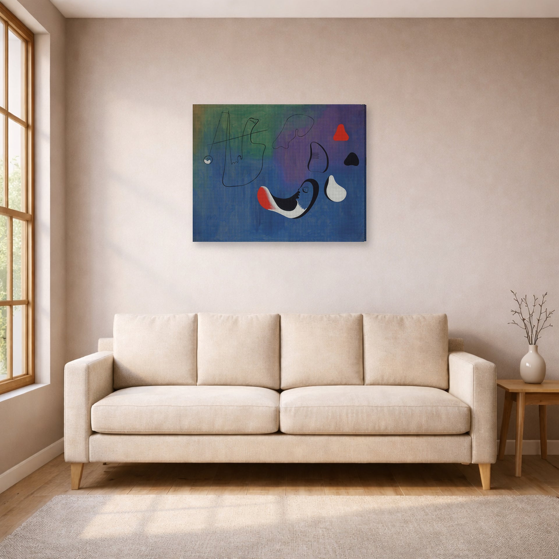 Gallery-wrapped canvas print of Joan Miró's 'Peinture,1933' displayed on a wall in a living room