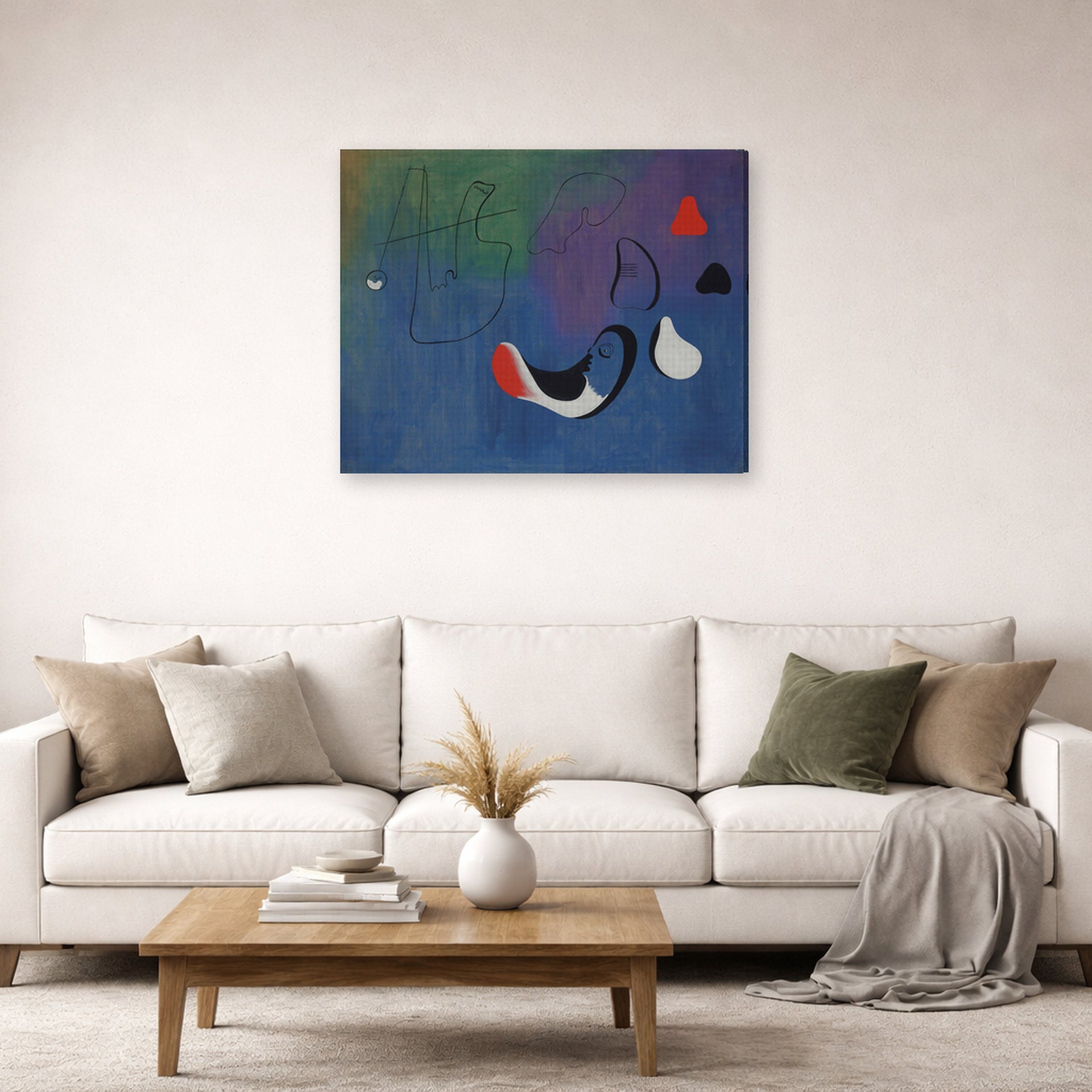 Gallery-wrapped canvas print of Joan Miró's 'Peinture,1933' displayed on a wall in a living room