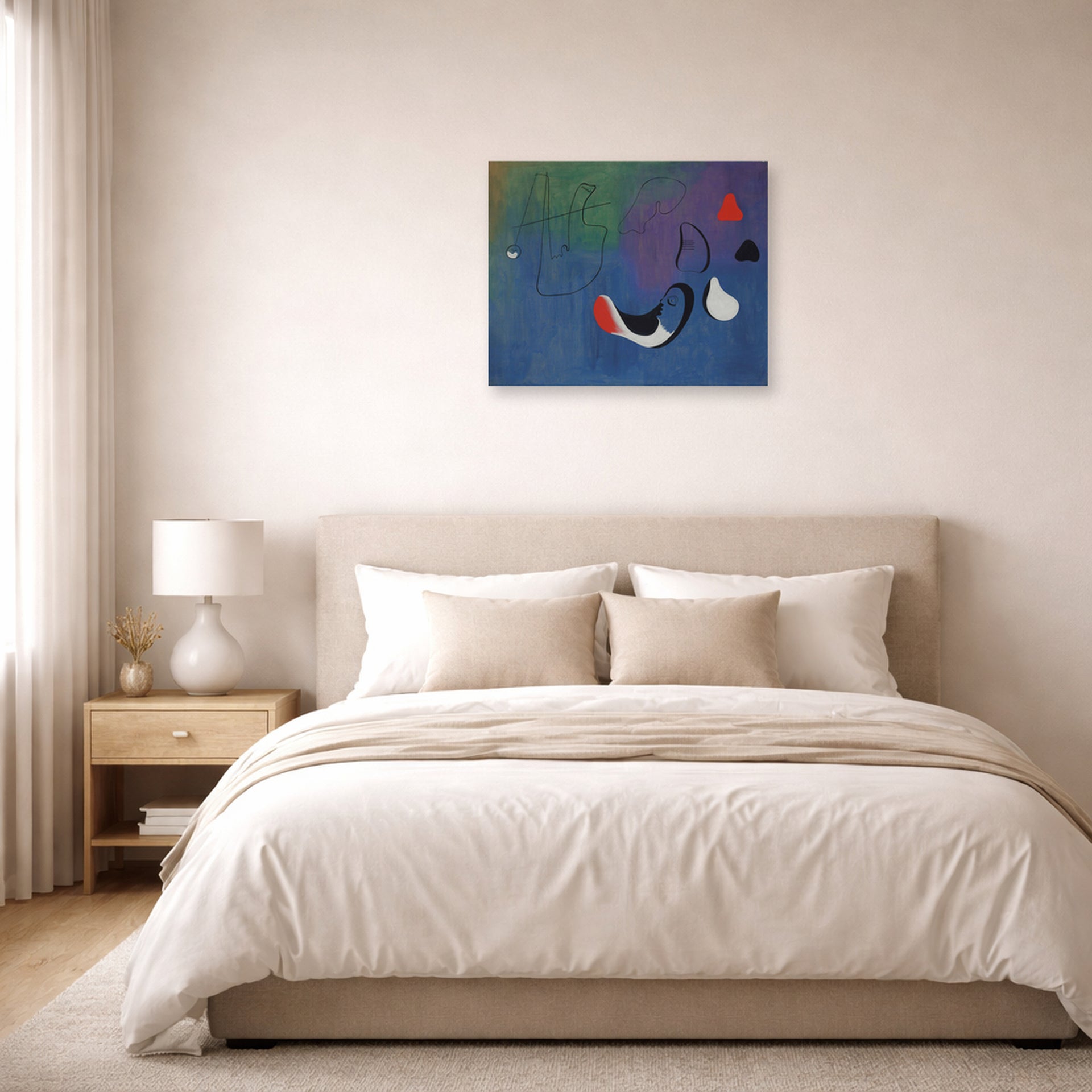 Unframed poster print of Joan Miró's 'Peinture,1933' displayed on a wall in a bedroom