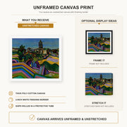 Joan Miró - Prades, the Village canvas print size comparison and framing display infographic