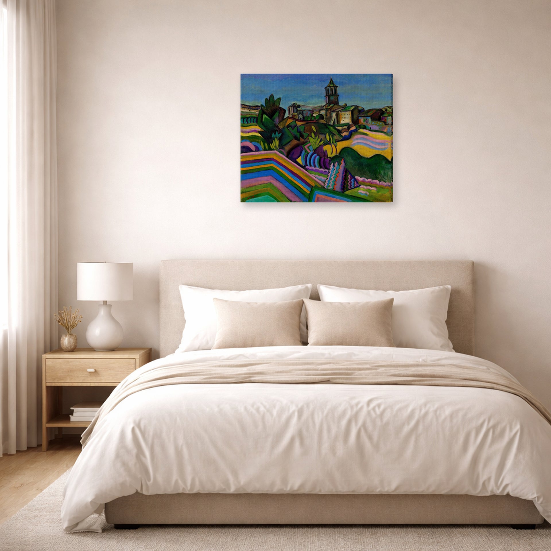 Gallery-wrapped canvas print of Joan Miró's 'Prades, the Village' displayed on a wall in a bedroom