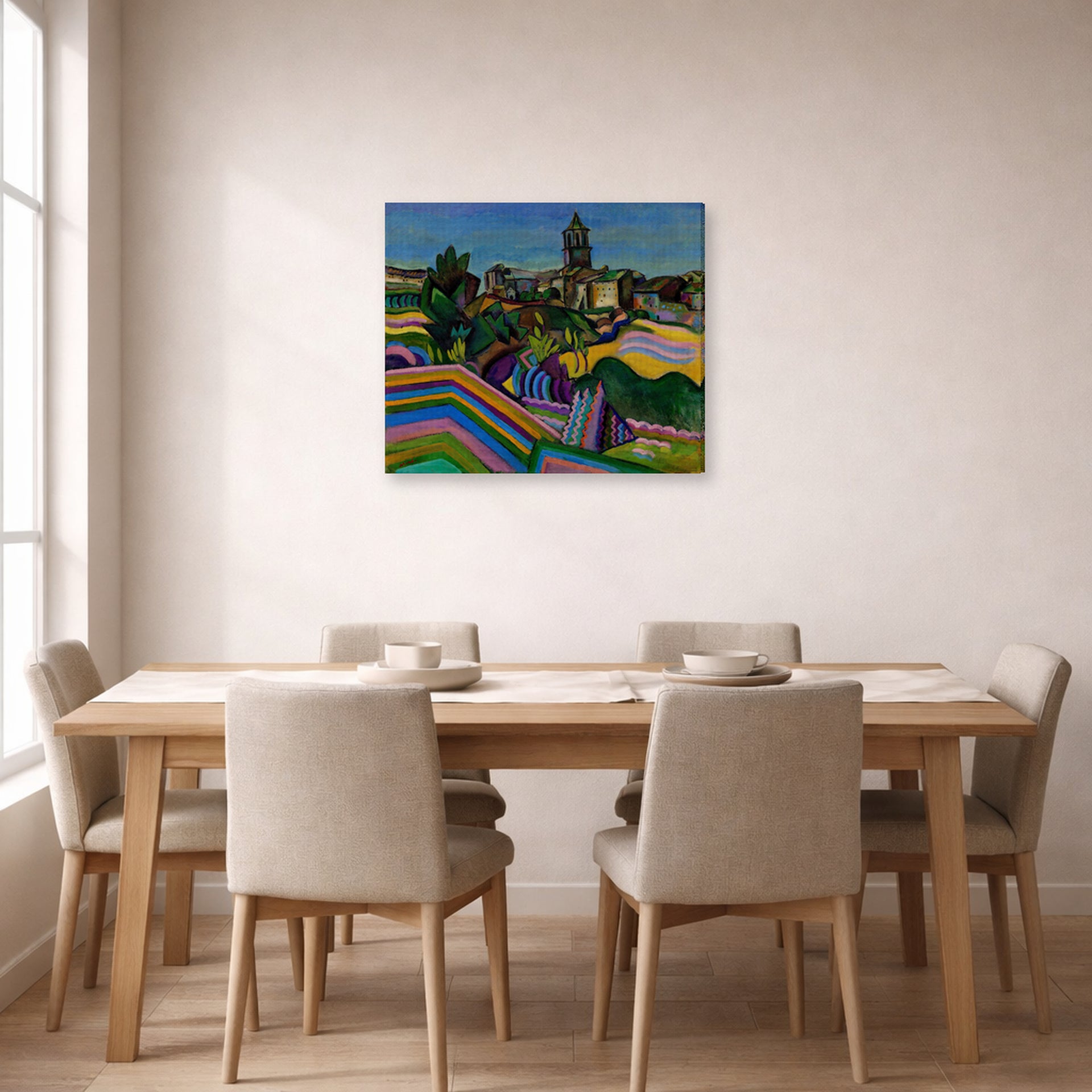 Gallery-wrapped canvas print of Joan Miró's 'Prades, the Village' displayed on a wall in a dining room