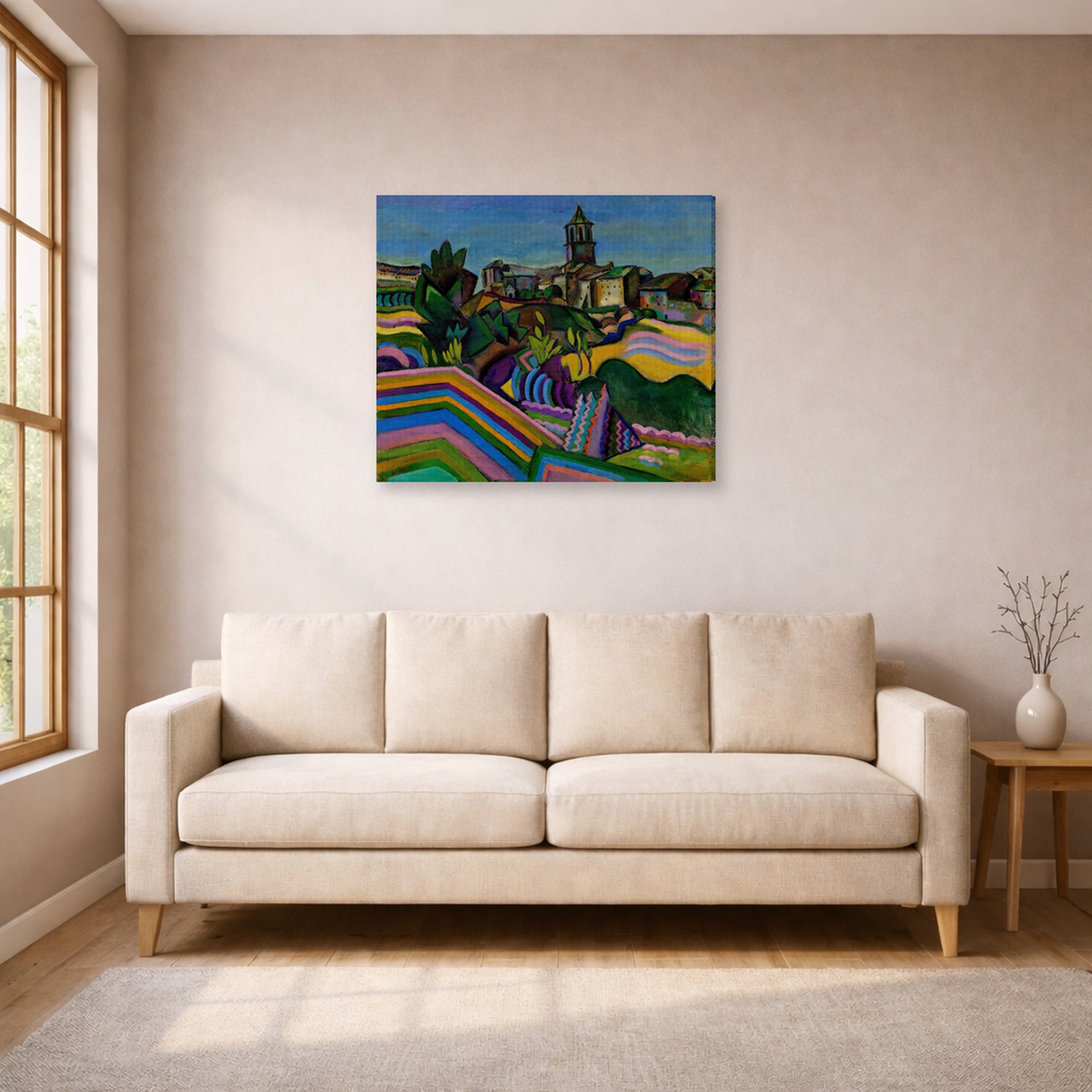Gallery-wrapped canvas print of Joan Miró's 'Prades, the Village' displayed on a wall in a living room