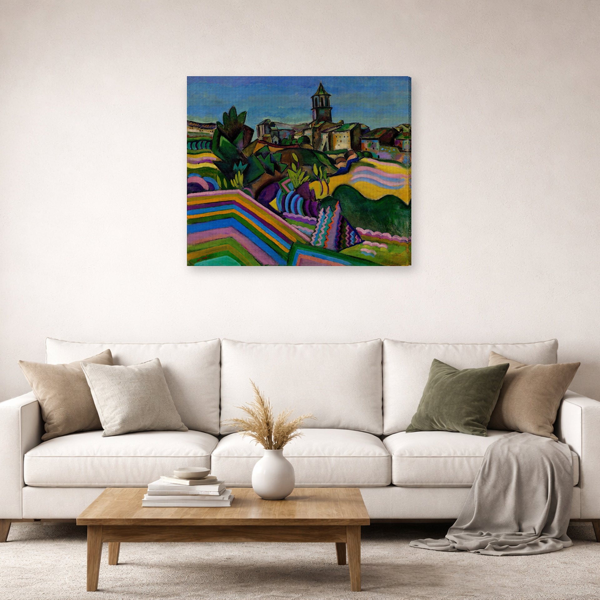 Gallery-wrapped canvas print of Joan Miró's 'Prades, the Village' displayed on a wall in a living room