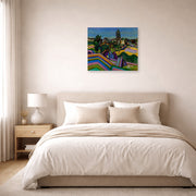 Unframed poster print of Joan Miró's 'Prades, the Village' displayed on a wall in a bedroom