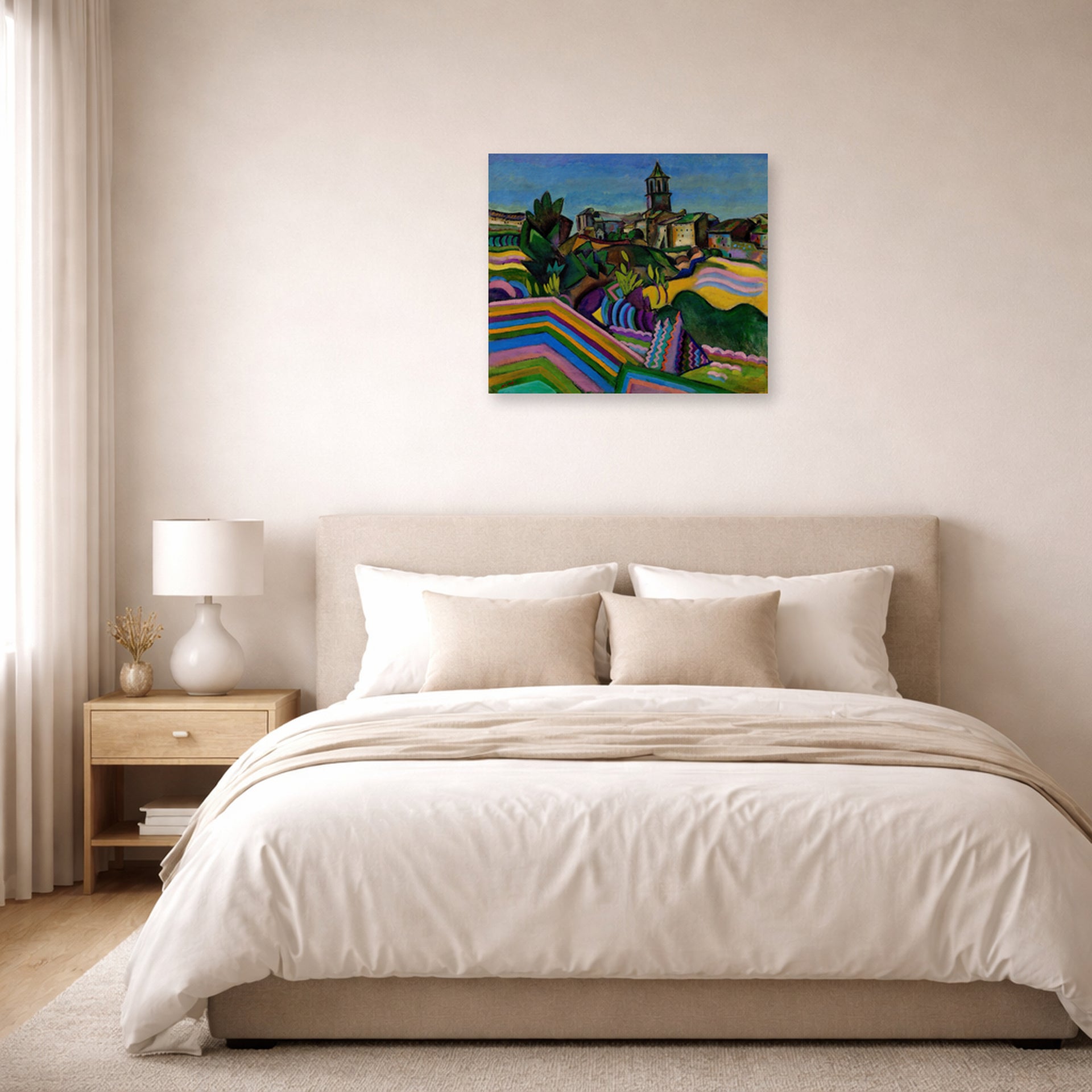 Unframed poster print of Joan Miró's 'Prades, the Village' displayed on a wall in a bedroom