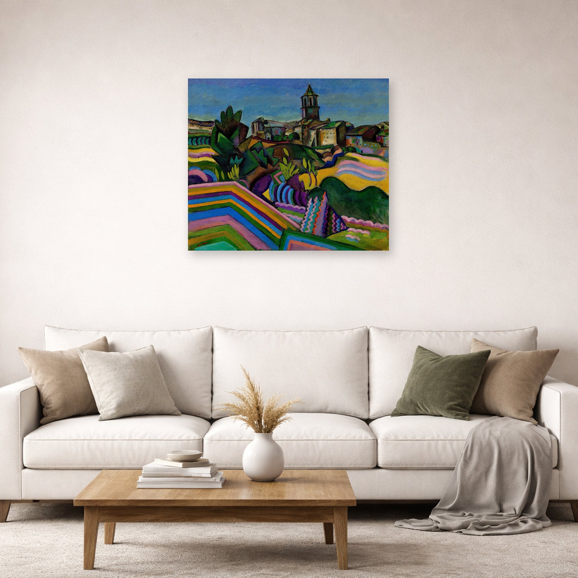Unframed poster print of Joan Miró's 'Prades, the Village' displayed on a wall in a living room