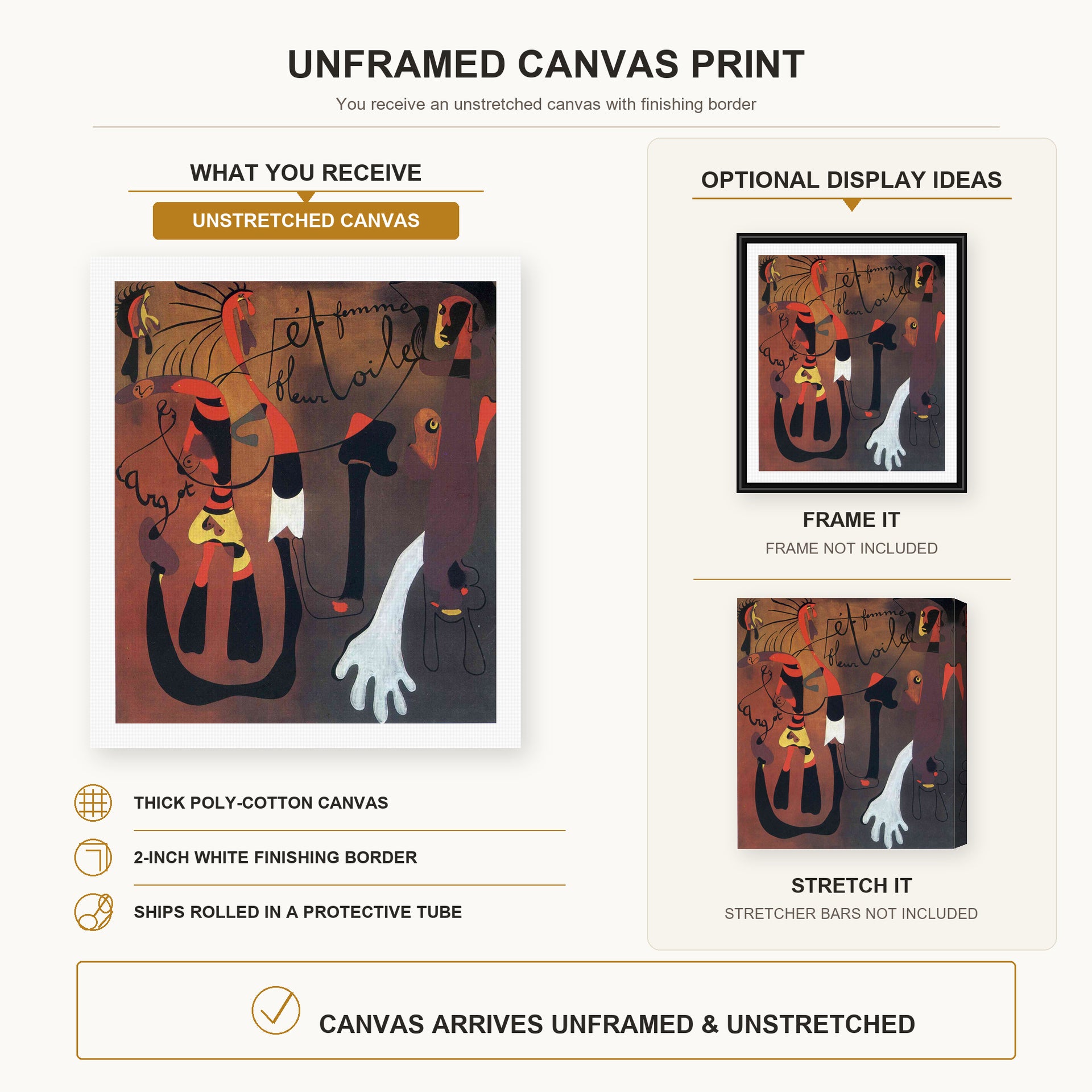 Joan Miró - Snail Woman Flower Star canvas print size comparison and framing display infographic