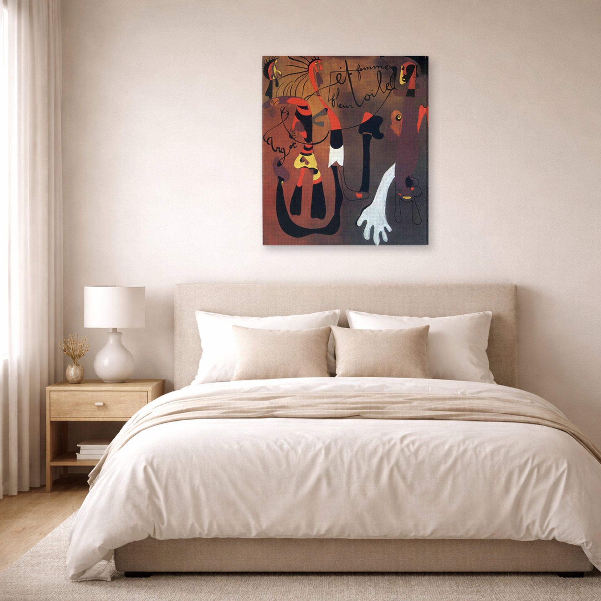 Gallery-wrapped canvas print of Joan Miró's 'Snail Woman Flower Star' displayed on a wall in a bedroom