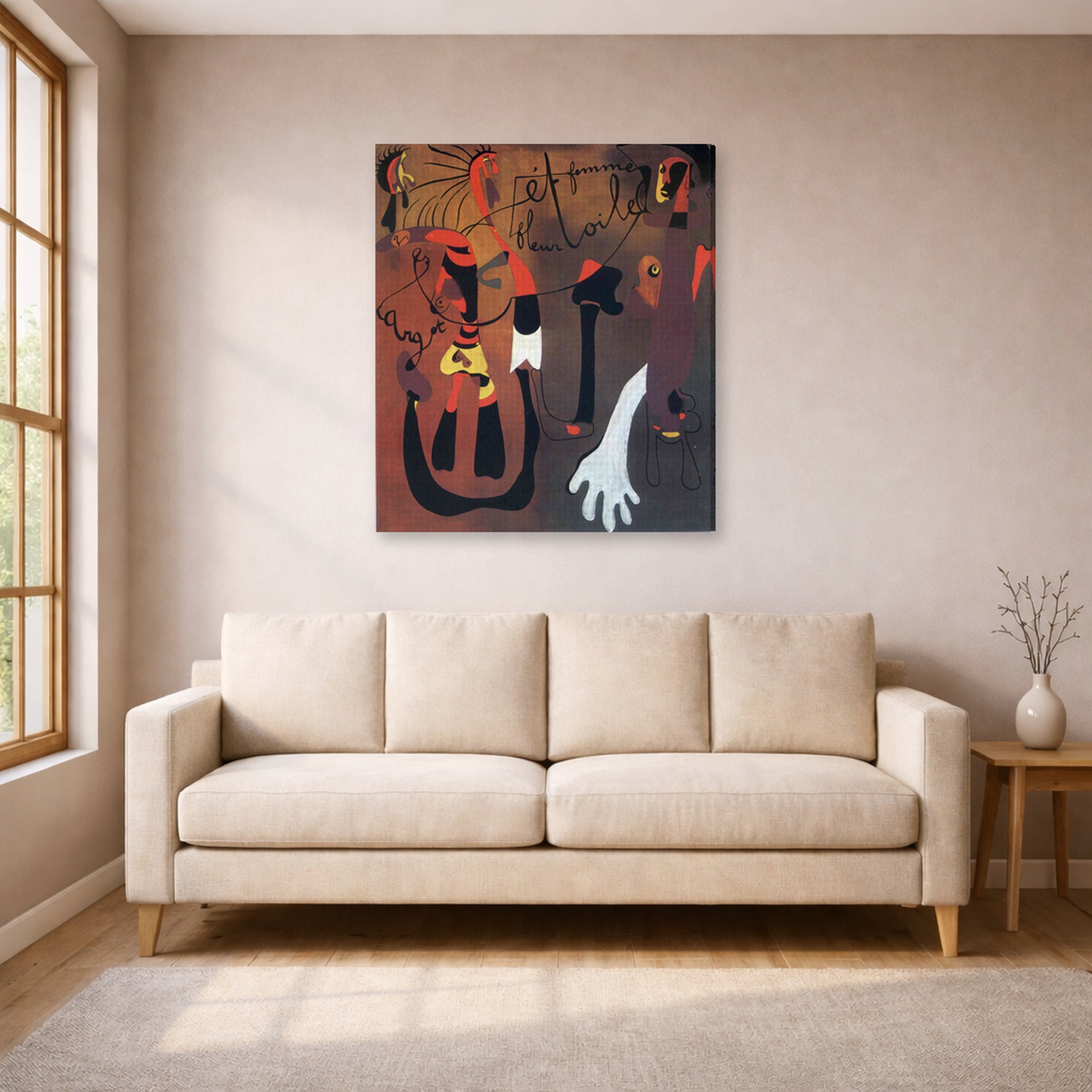 Gallery-wrapped canvas print of Joan Miró's 'Snail Woman Flower Star' displayed on a wall in a living room