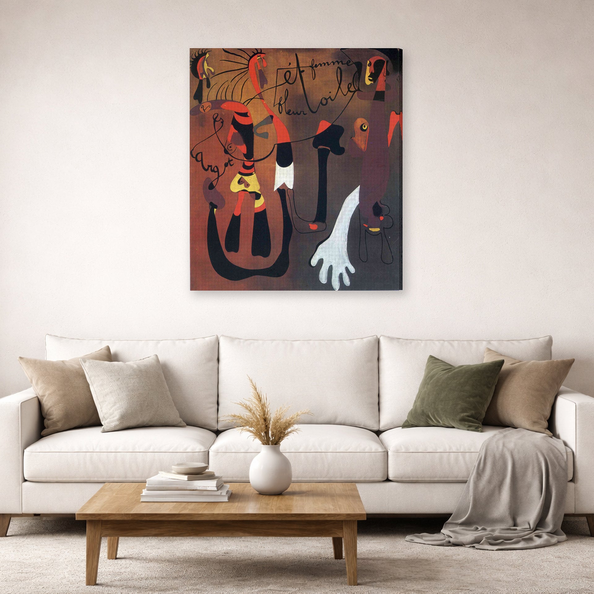 Gallery-wrapped canvas print of Joan Miró's 'Snail Woman Flower Star' displayed on a wall in a living room