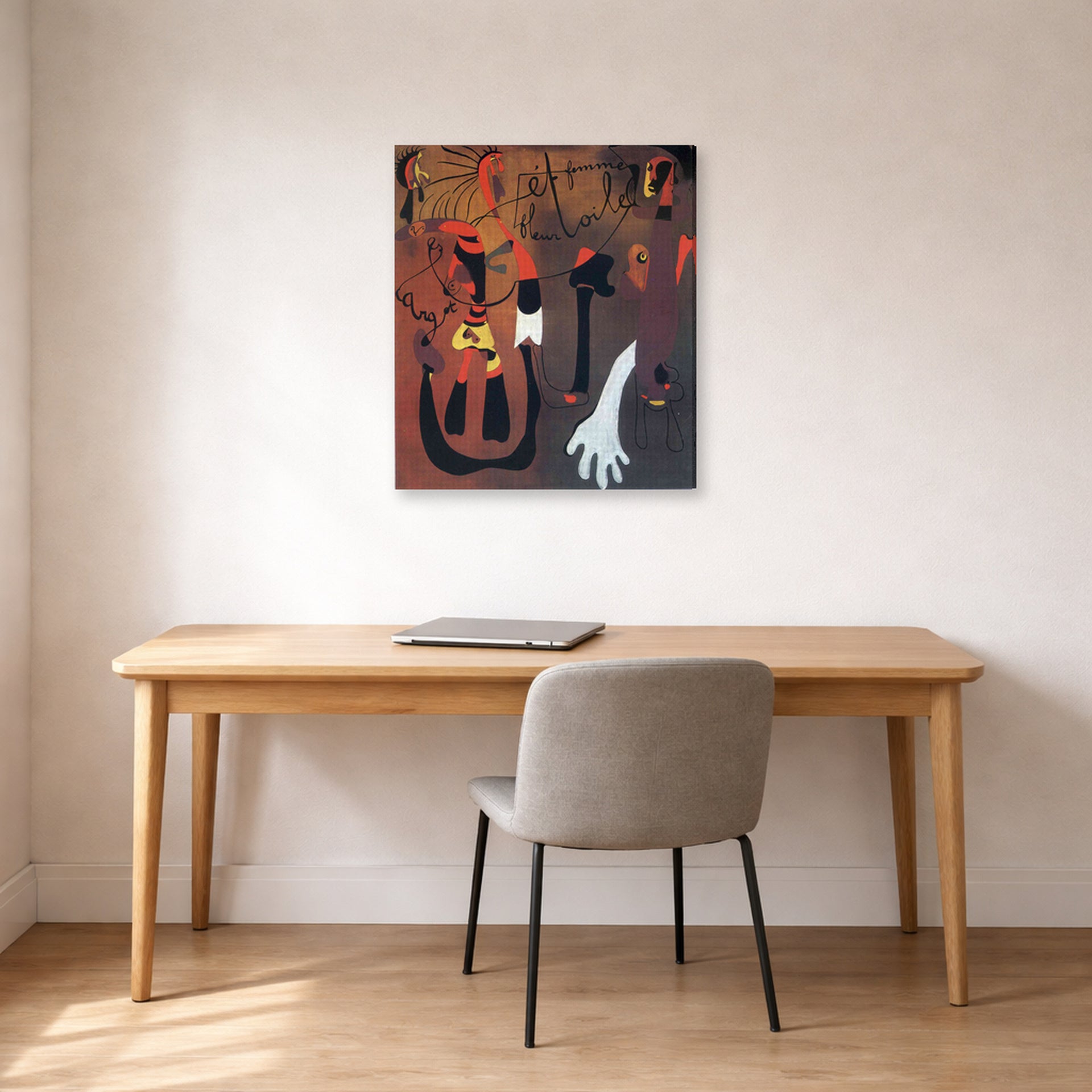 Gallery-wrapped canvas print of Joan Miró's 'Snail Woman Flower Star' displayed on a wall in a office