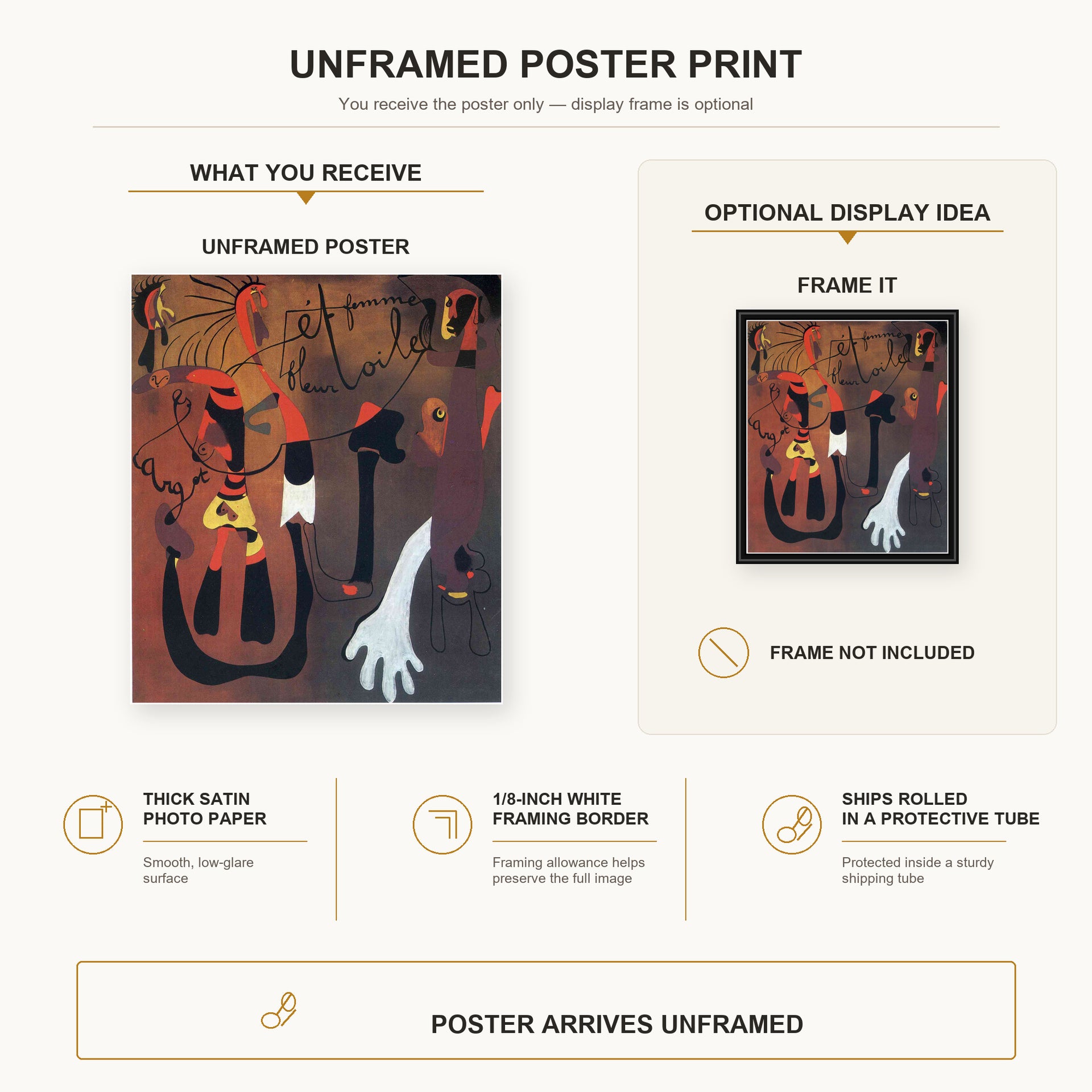 Joan Miró - Snail Woman Flower Star poster print size comparison and framing display infographic