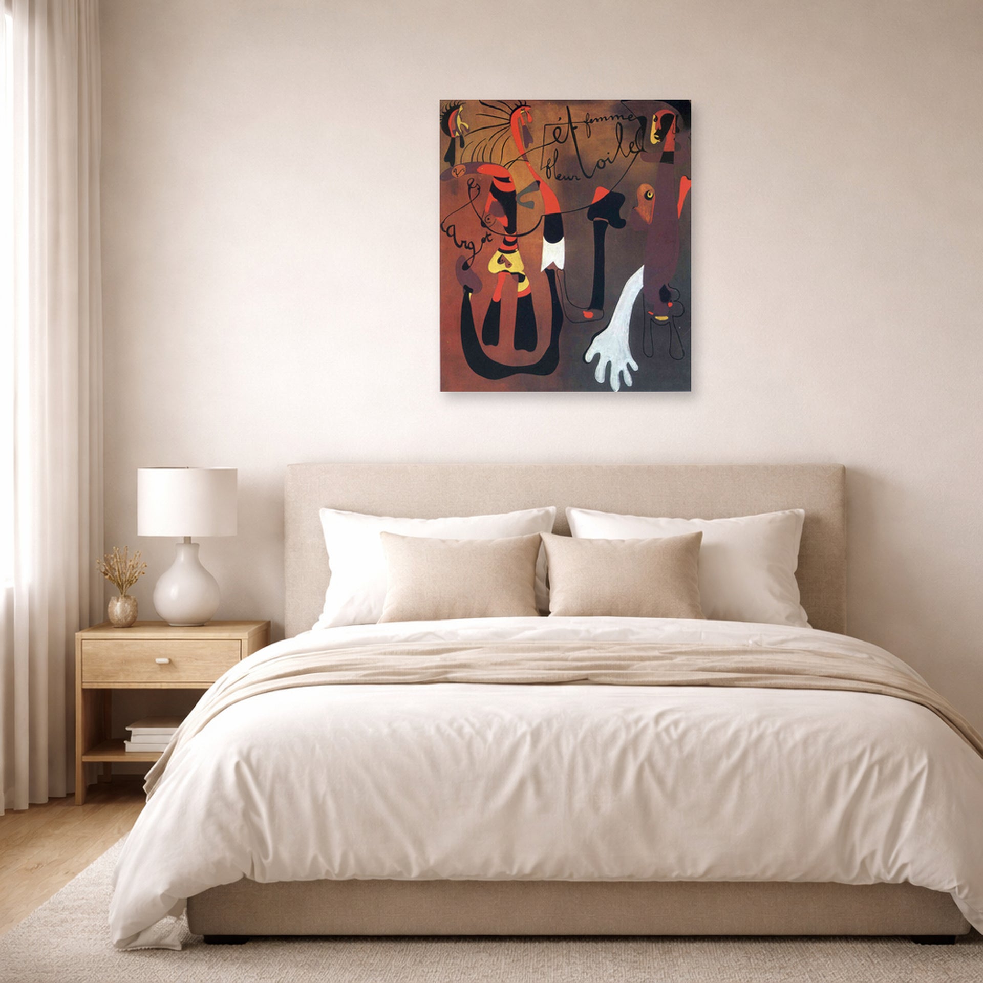 Unframed poster print of Joan Miró's 'Snail Woman Flower Star' displayed on a wall in a bedroom