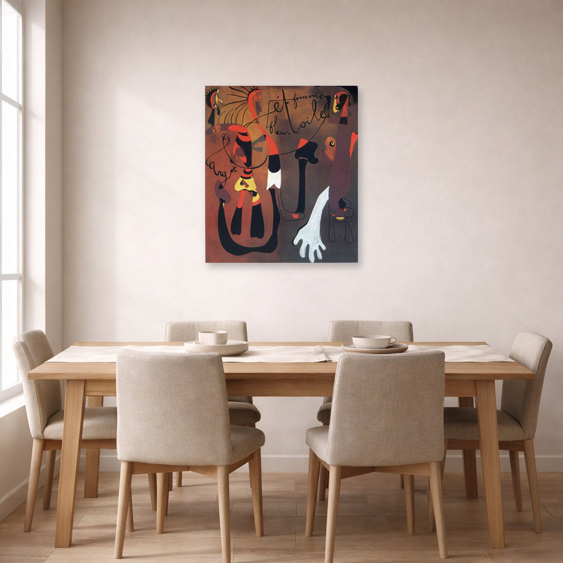 Unframed poster print of Joan Miró's 'Snail Woman Flower Star' displayed on a wall in a dining room