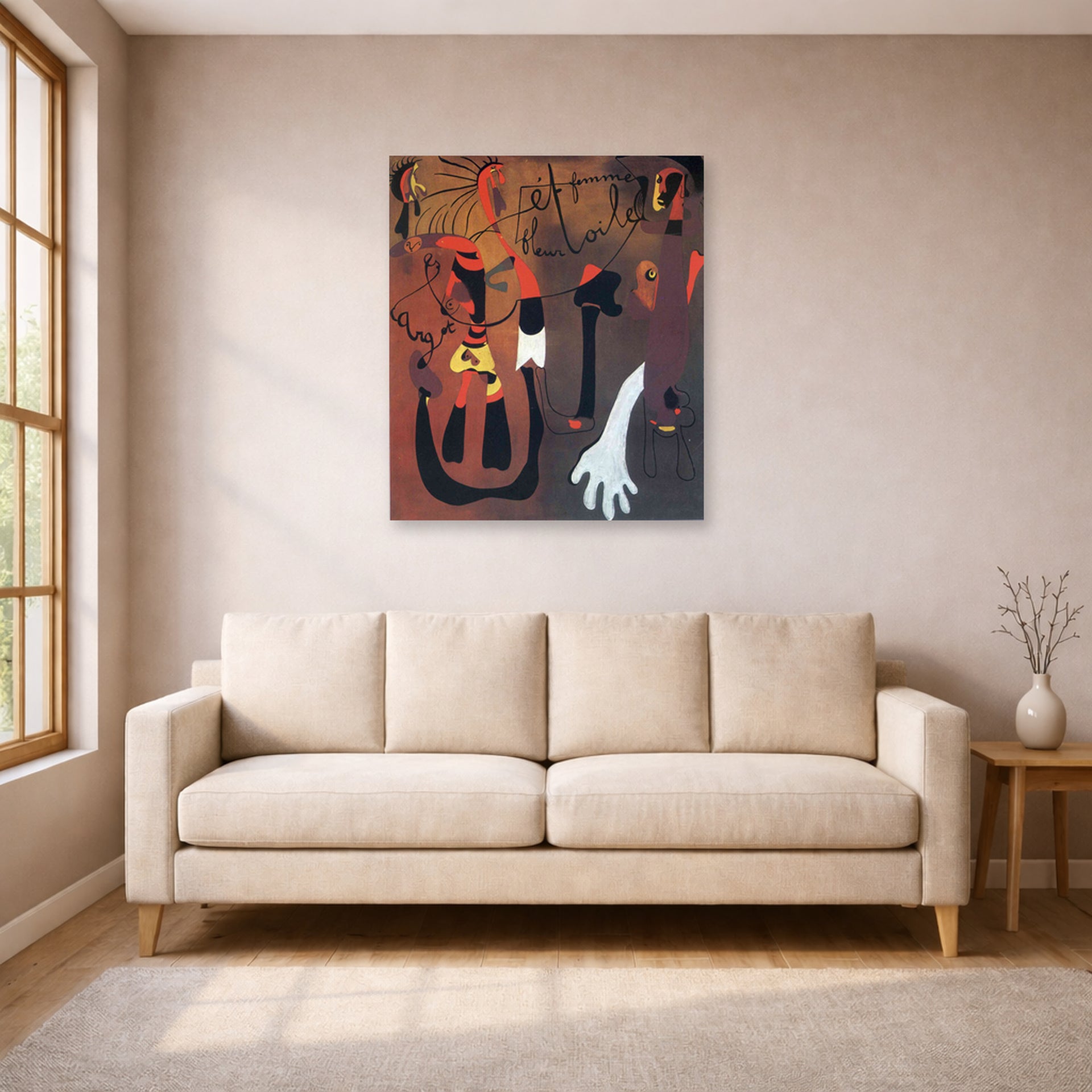 Unframed poster print of Joan Miró's 'Snail Woman Flower Star' displayed on a wall in a living room
