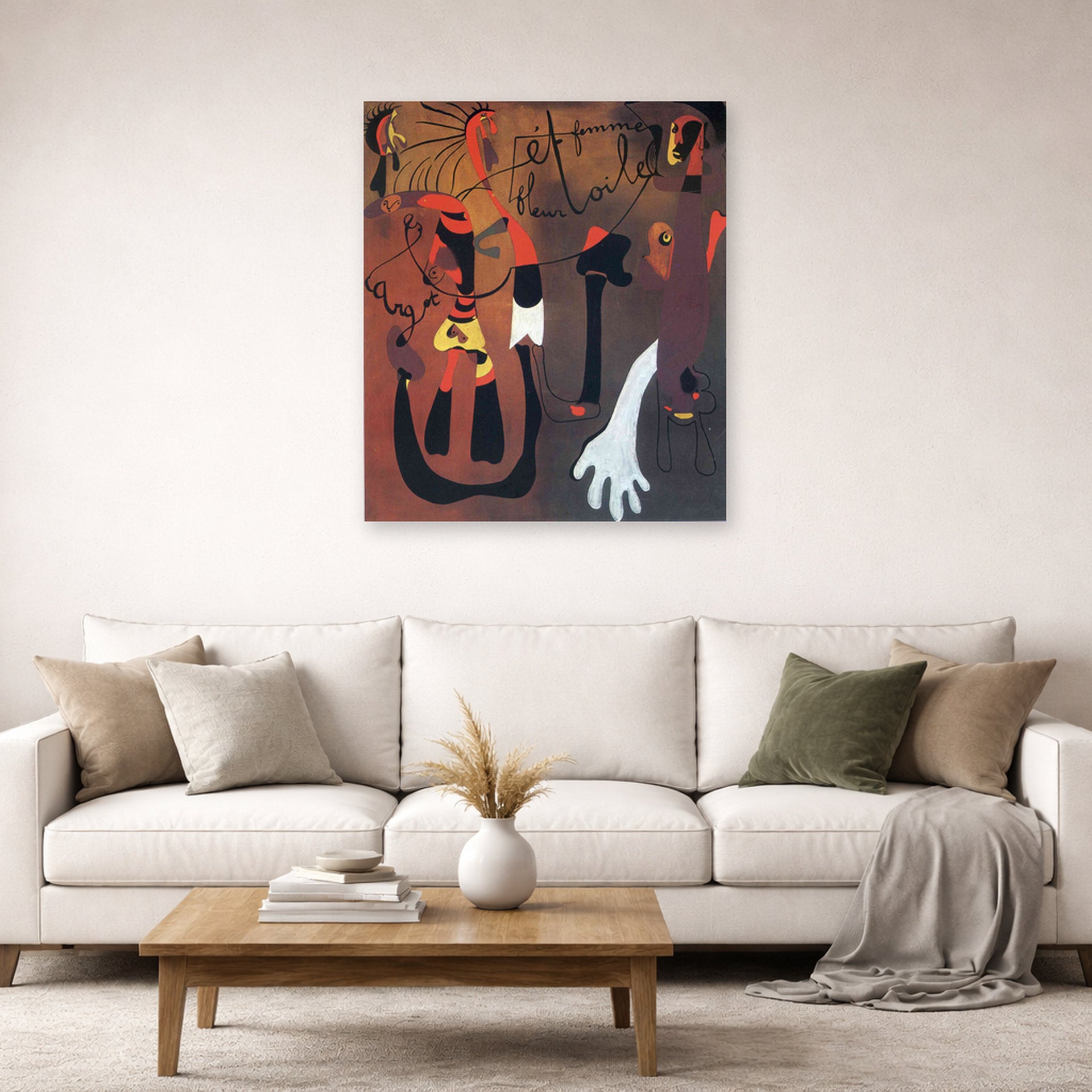 Unframed poster print of Joan Miró's 'Snail Woman Flower Star' displayed on a wall in a living room