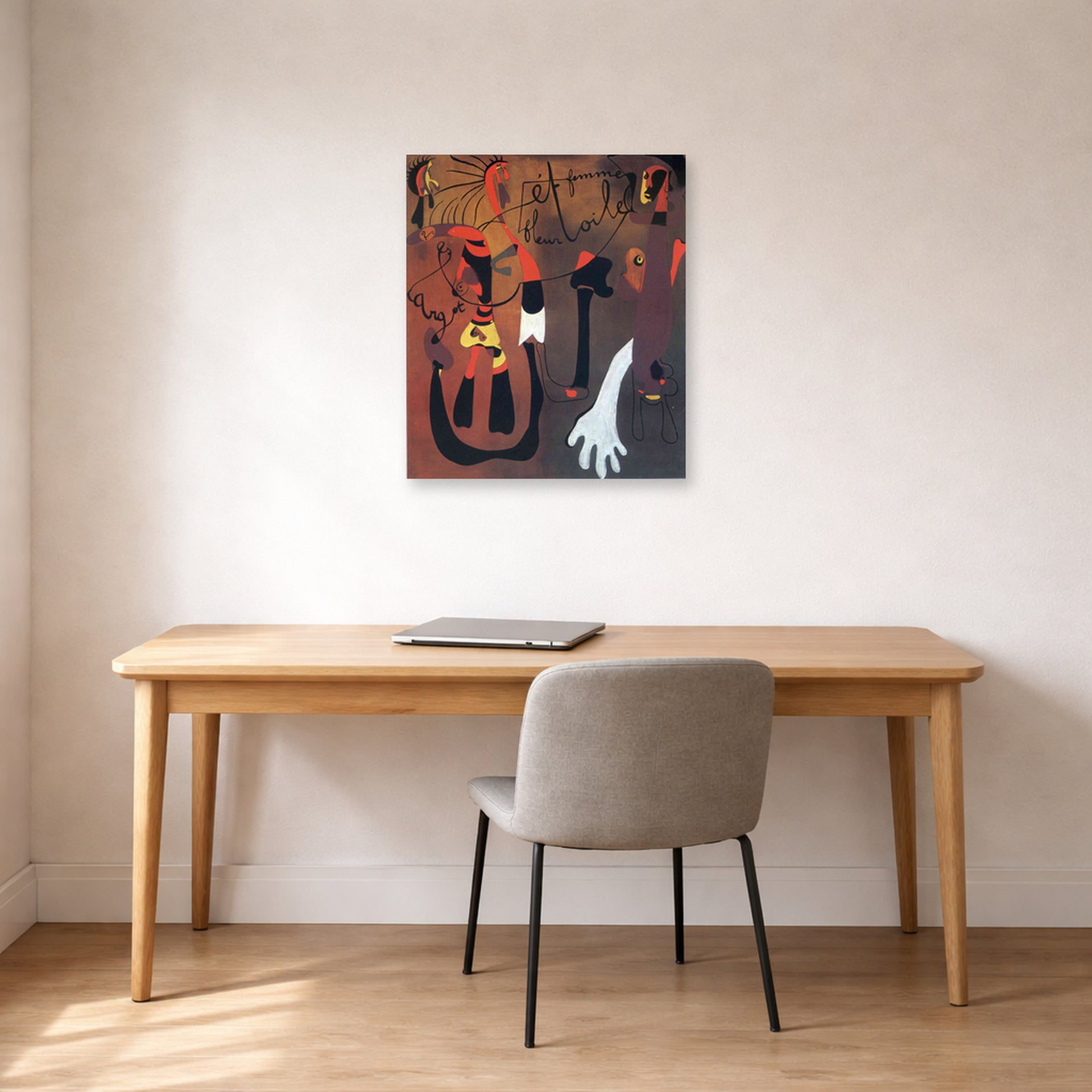 Unframed poster print of Joan Miró's 'Snail Woman Flower Star' displayed on a wall in a office