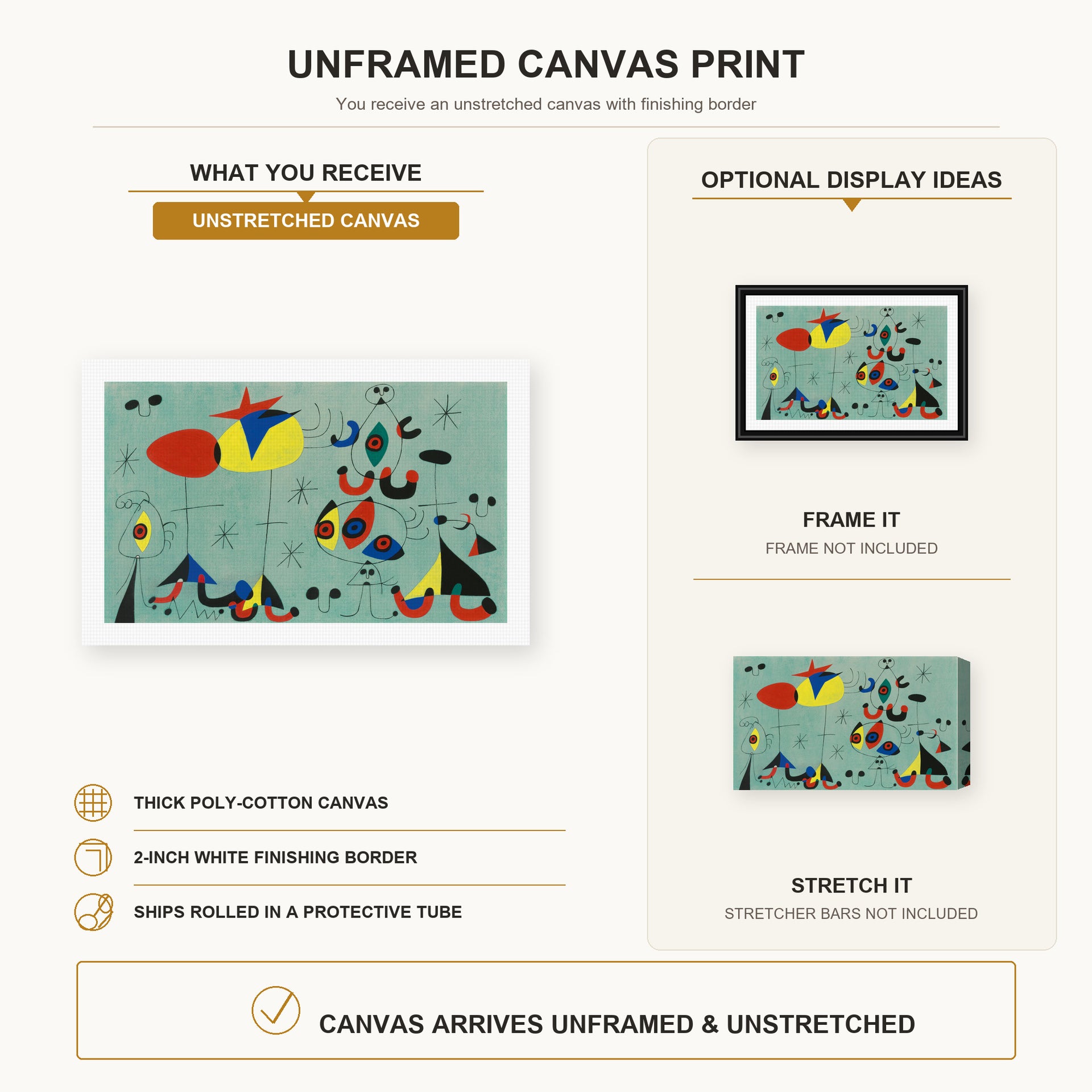 Joan Miró - Soiree Snob Chez La Princesse canvas print size comparison and framing display infographic
