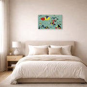 Gallery-wrapped canvas print of Joan Miró's 'Soiree Snob Chez La Princesse' displayed on a wall in a bedroom