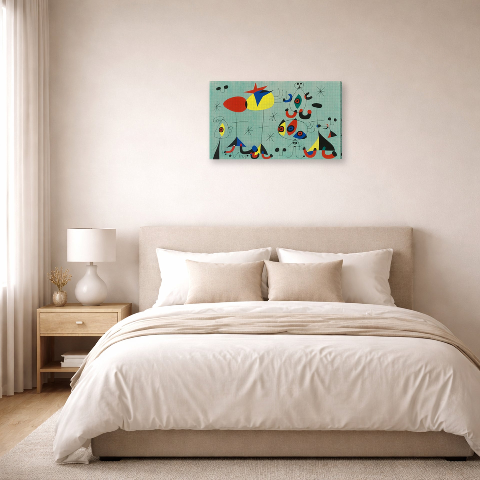 Gallery-wrapped canvas print of Joan Miró's 'Soiree Snob Chez La Princesse' displayed on a wall in a bedroom