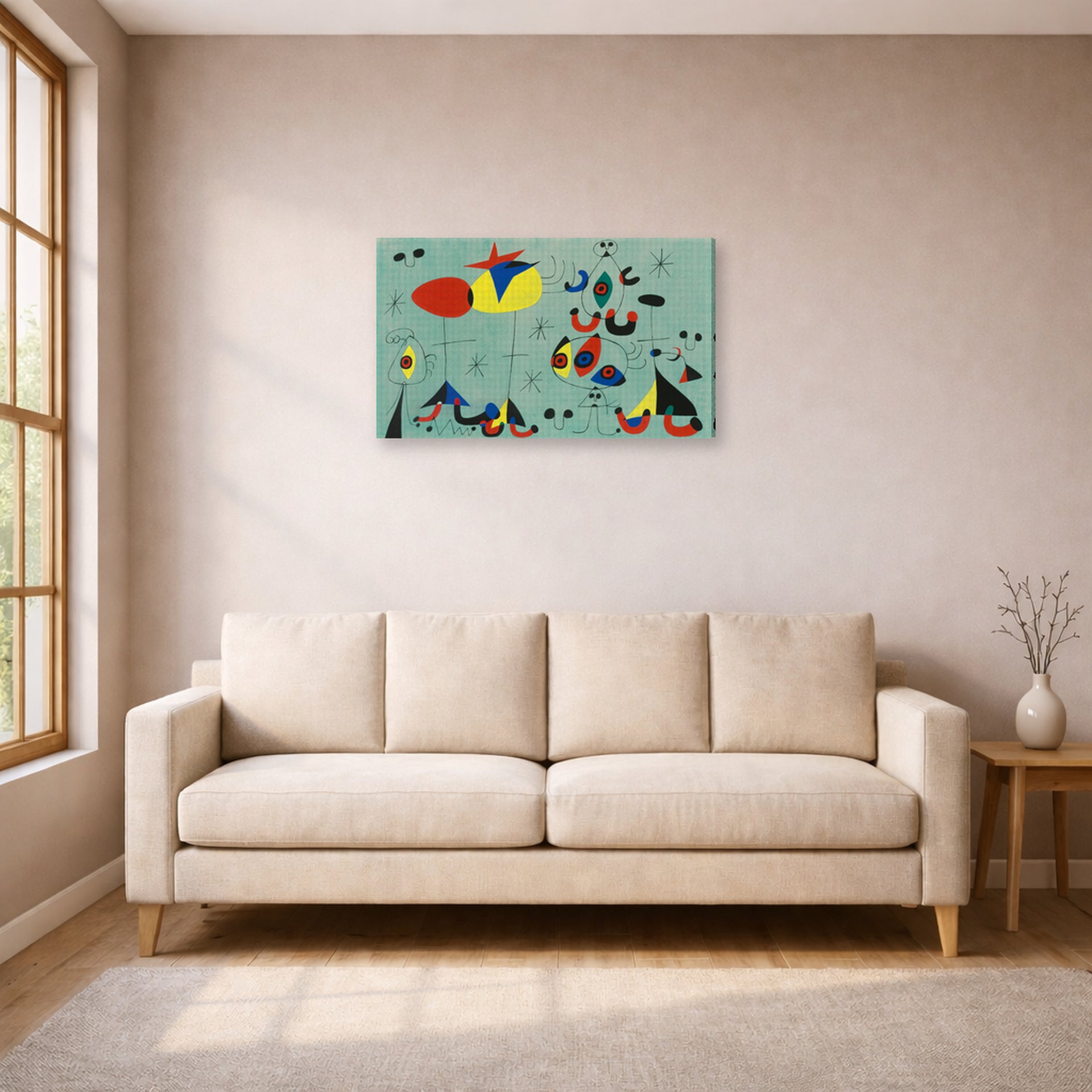 Gallery-wrapped canvas print of Joan Miró's 'Soiree Snob Chez La Princesse' displayed on a wall in a living room