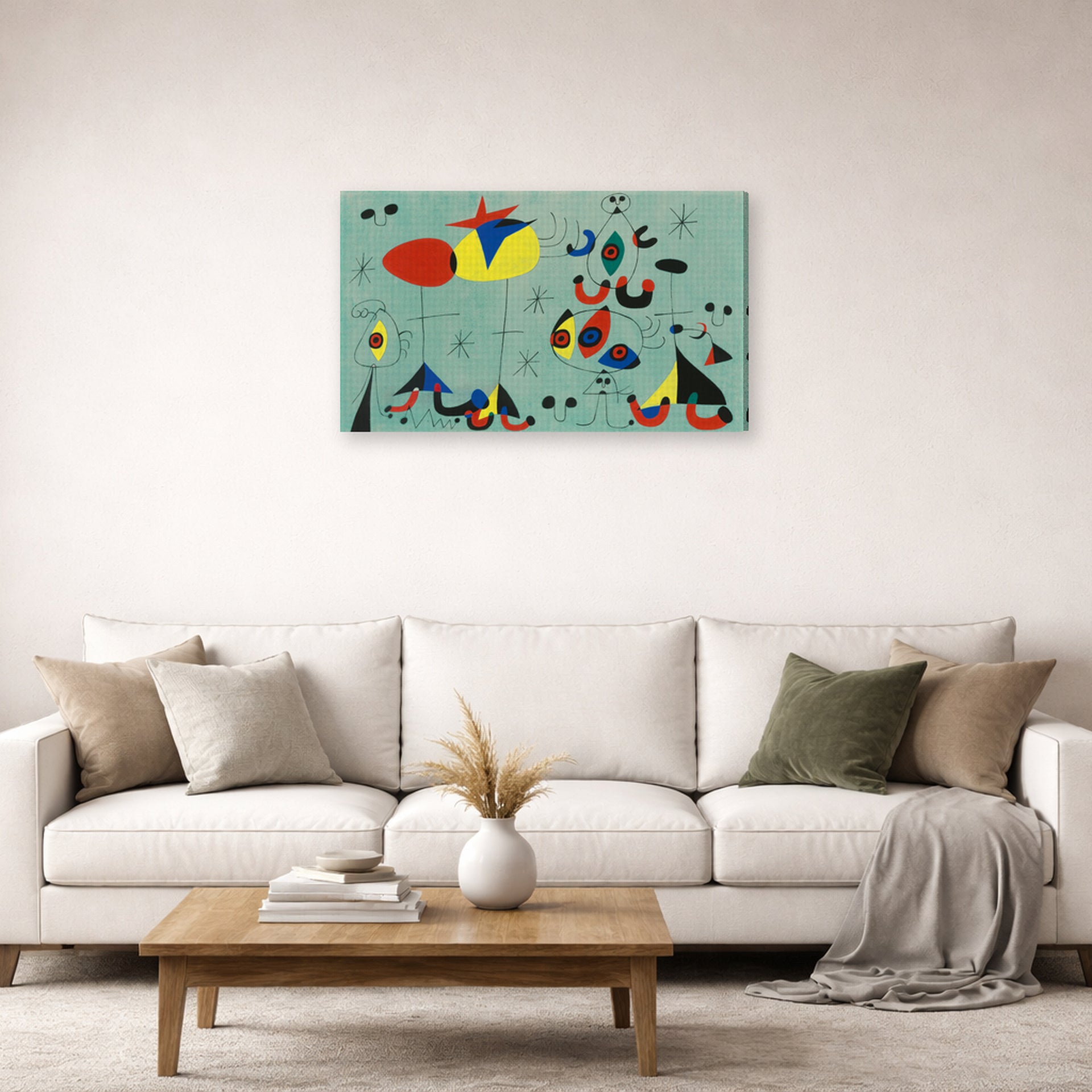 Gallery-wrapped canvas print of Joan Miró's 'Soiree Snob Chez La Princesse' displayed on a wall in a living room