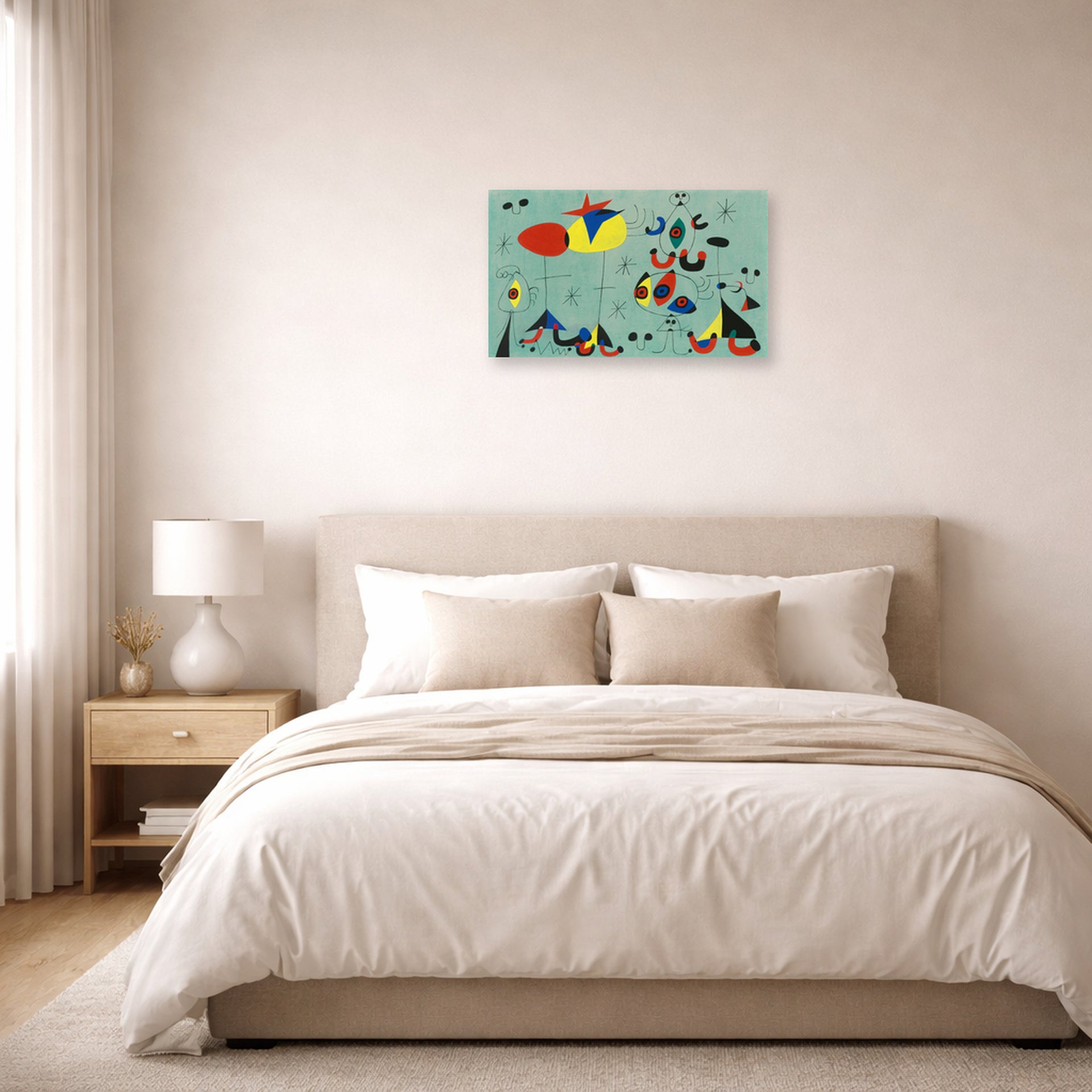 Unframed poster print of Joan Miró's 'Soiree Snob Chez La Princesse' displayed on a wall in a bedroom