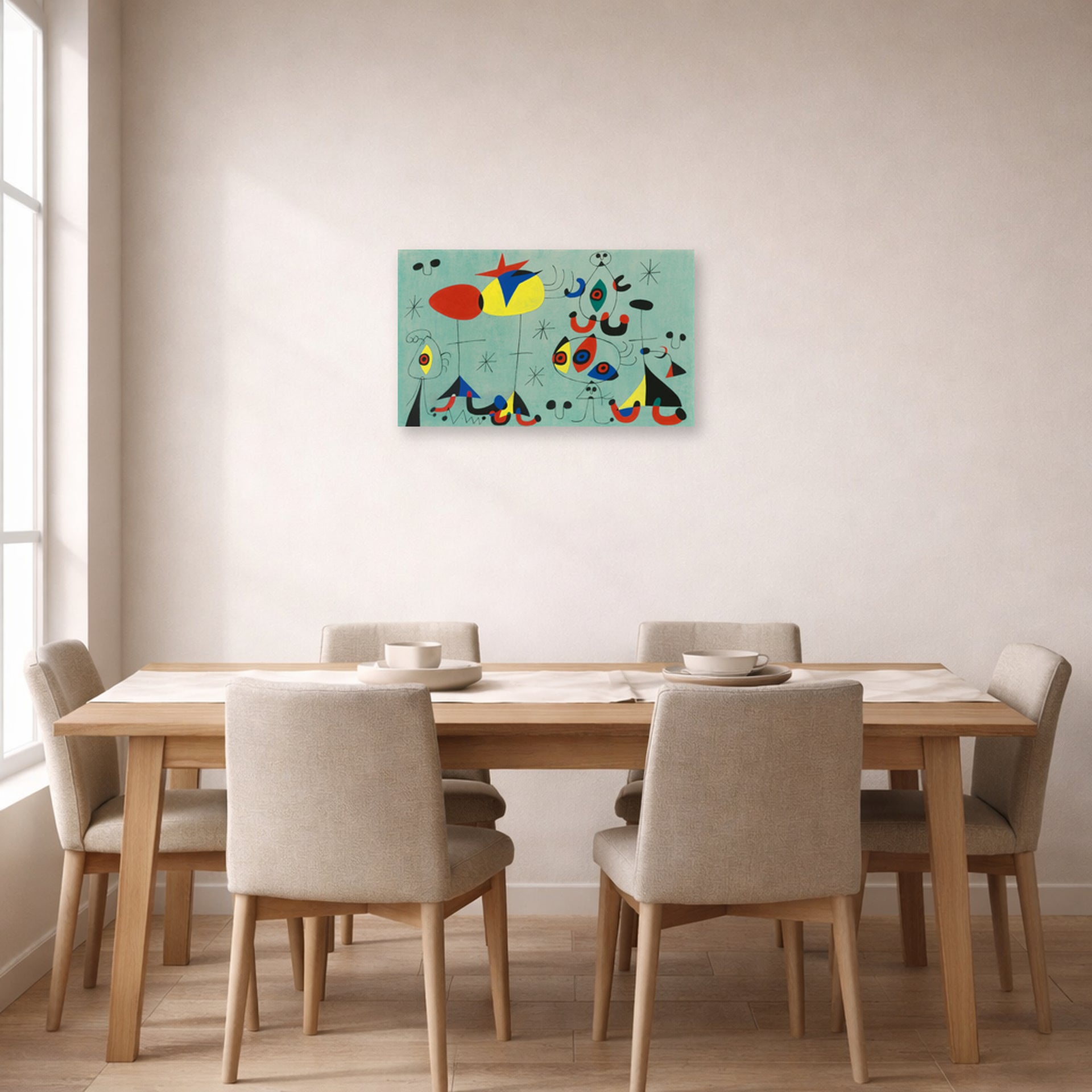 Unframed poster print of Joan Miró's 'Soiree Snob Chez La Princesse' displayed on a wall in a dining room