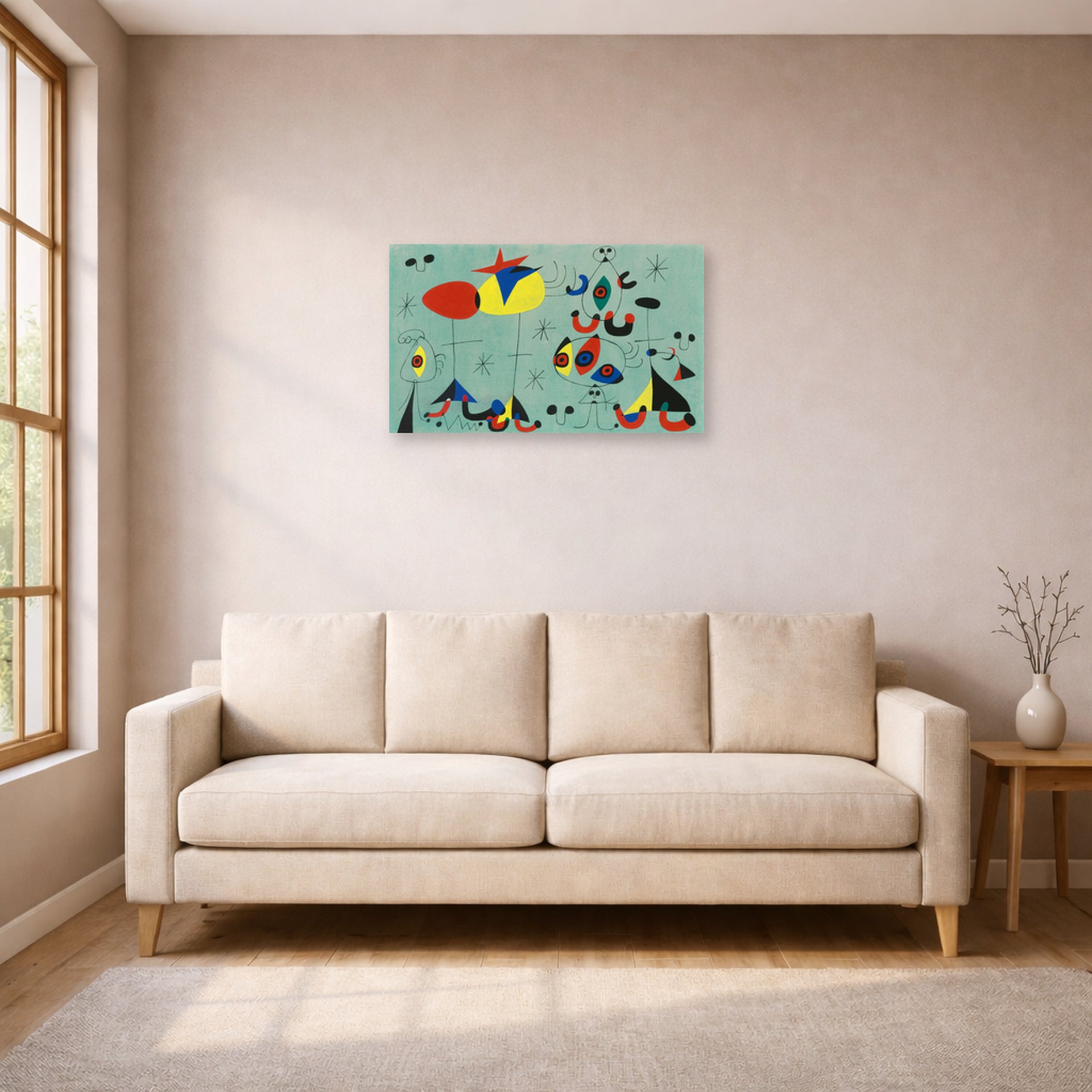 Unframed poster print of Joan Miró's 'Soiree Snob Chez La Princesse' displayed on a wall in a living room