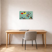 Unframed poster print of Joan Miró's 'Soiree Snob Chez La Princesse' displayed on a wall in a office
