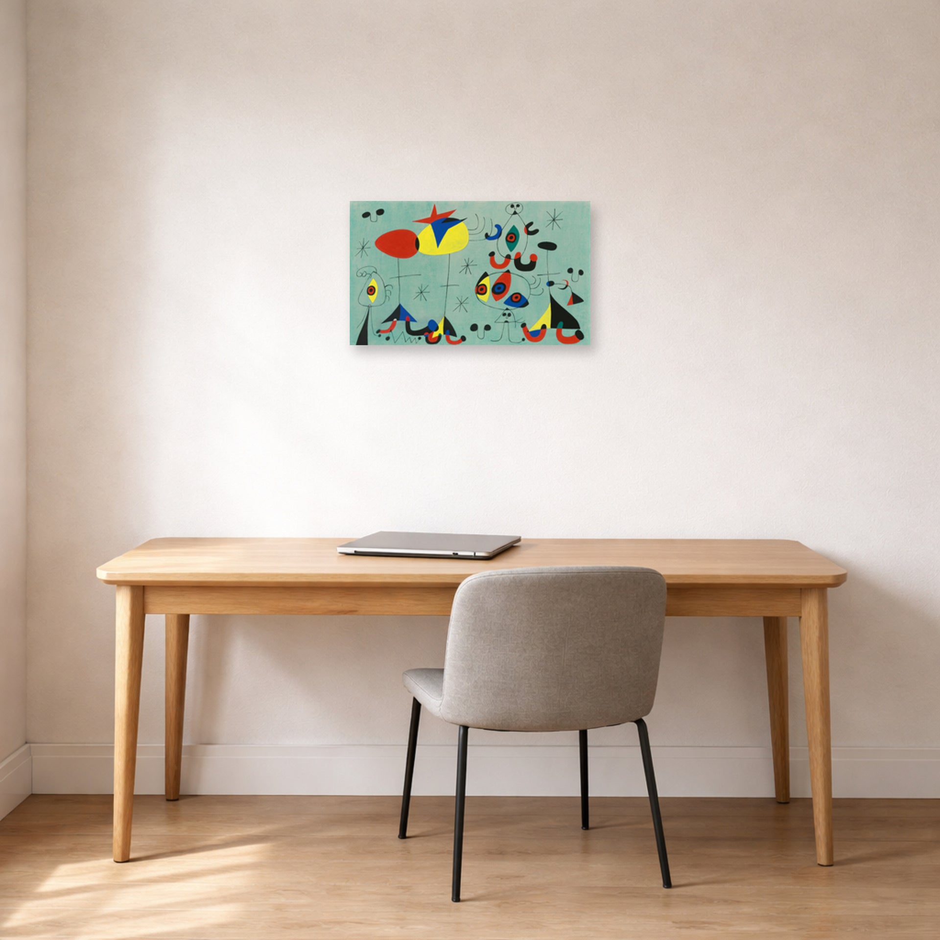 Unframed poster print of Joan Miró's 'Soiree Snob Chez La Princesse' displayed on a wall in a office