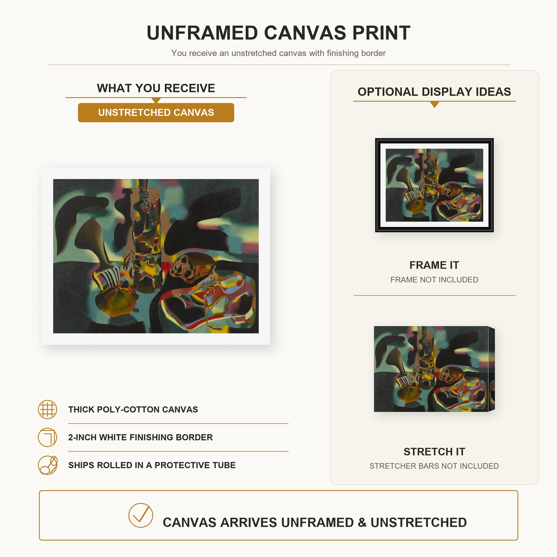 Joan Miró - Still Life with Old Shoe canvas print size comparison and framing display infographic