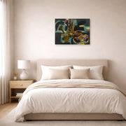 Gallery-wrapped canvas print of Joan Miró's 'Still Life with Old Shoe' displayed on a wall in a bedroom