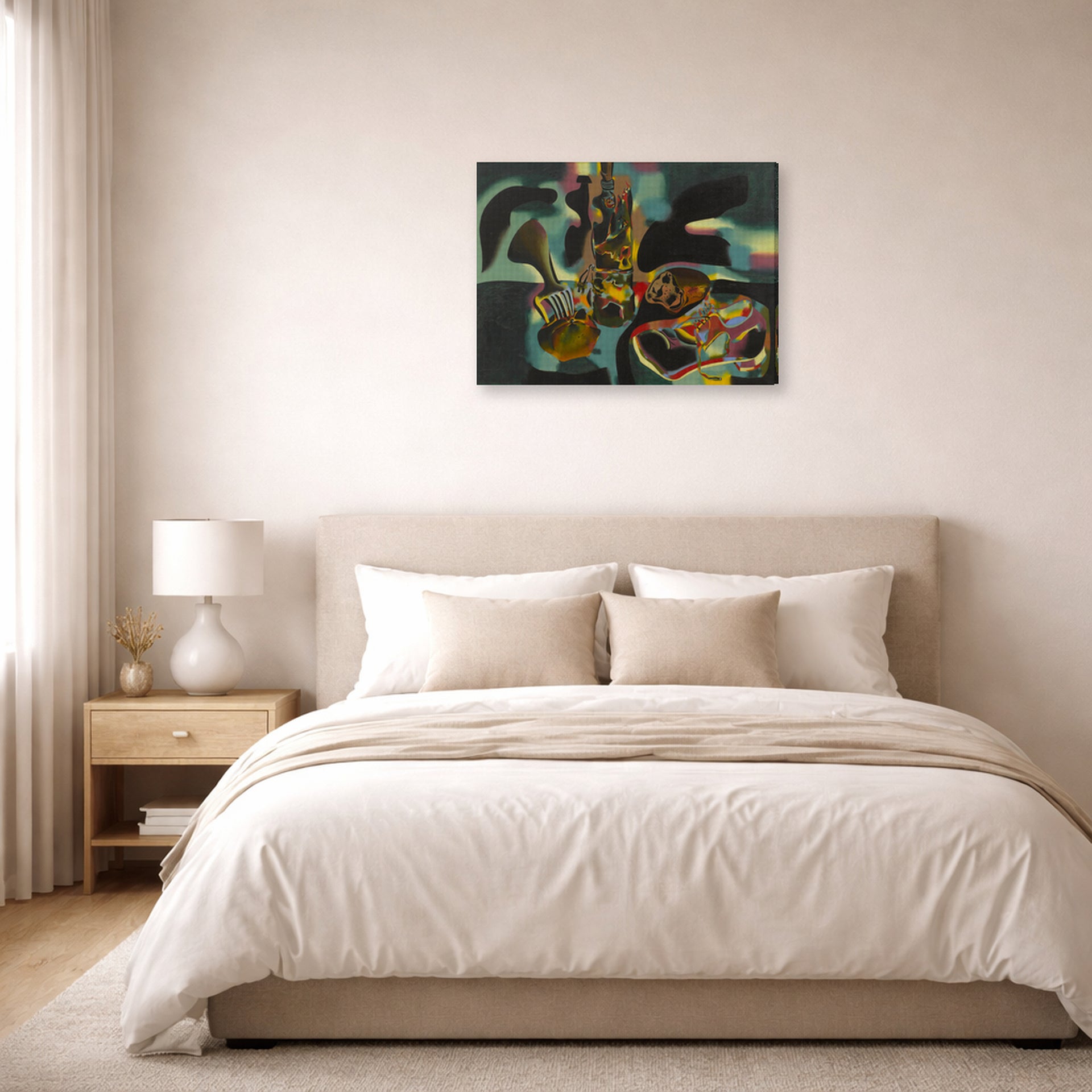 Gallery-wrapped canvas print of Joan Miró's 'Still Life with Old Shoe' displayed on a wall in a bedroom