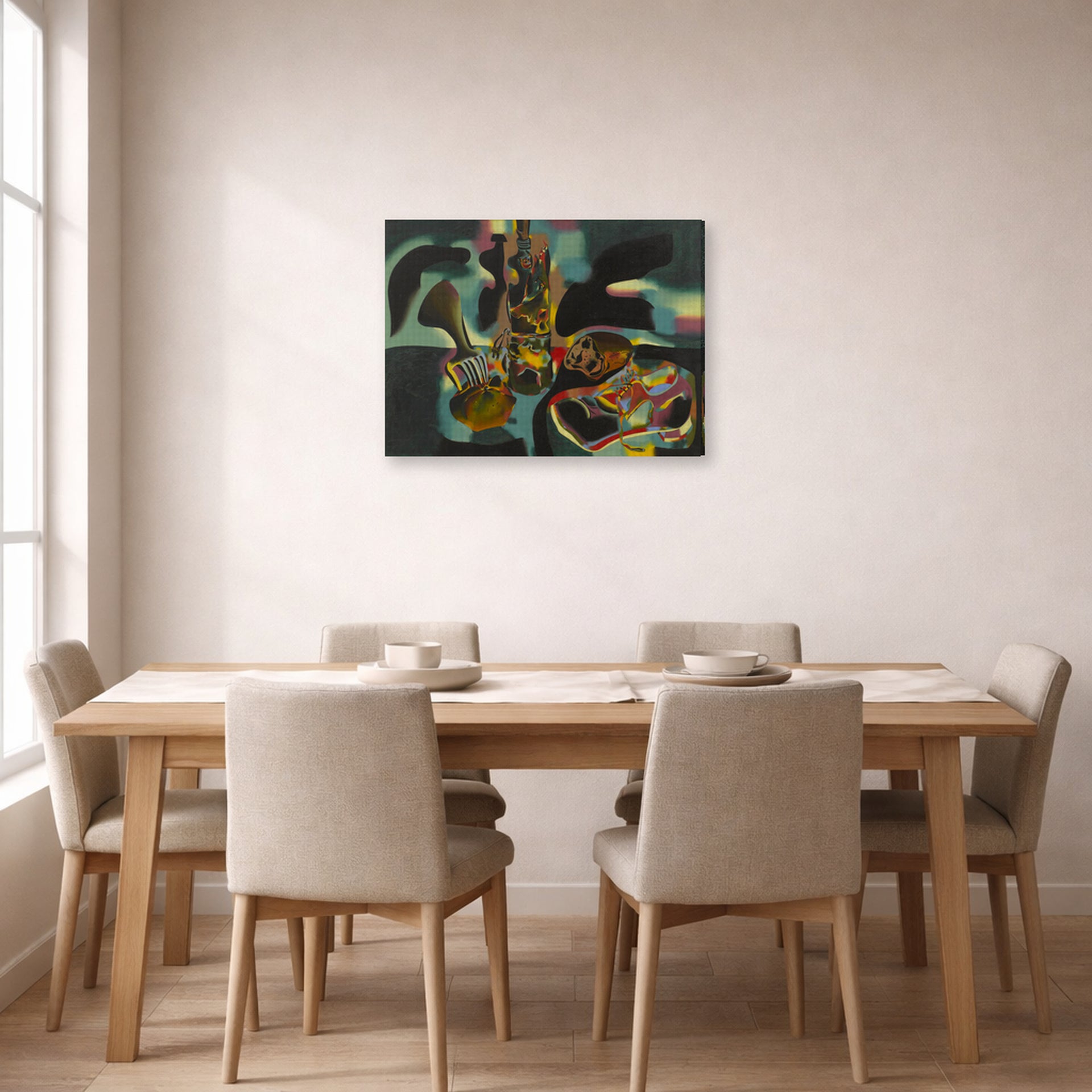 Gallery-wrapped canvas print of Joan Miró's 'Still Life with Old Shoe' displayed on a wall in a dining room