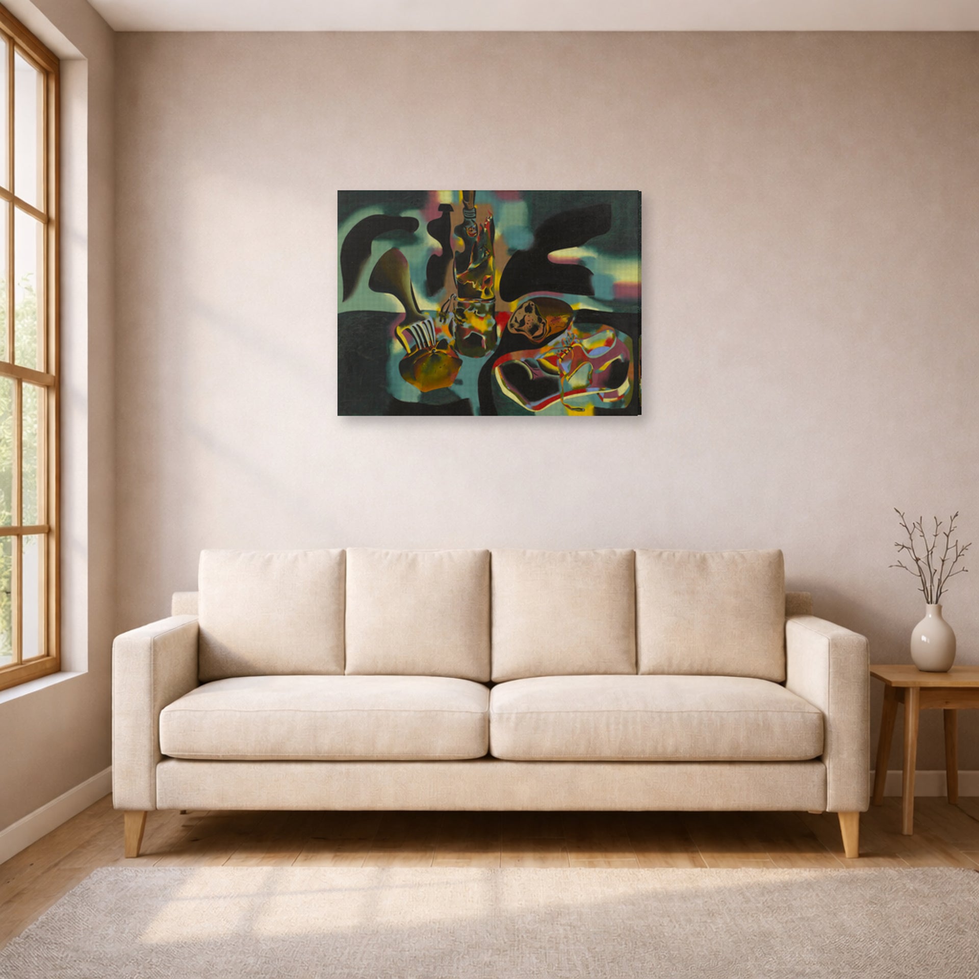Gallery-wrapped canvas print of Joan Miró's 'Still Life with Old Shoe' displayed on a wall in a living room