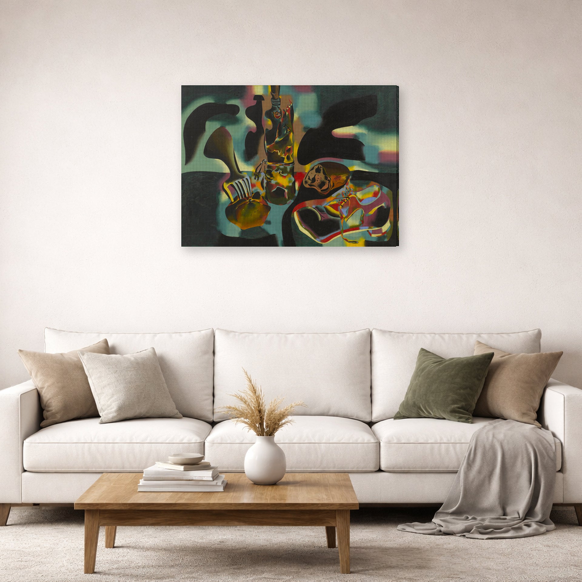 Gallery-wrapped canvas print of Joan Miró's 'Still Life with Old Shoe' displayed on a wall in a living room