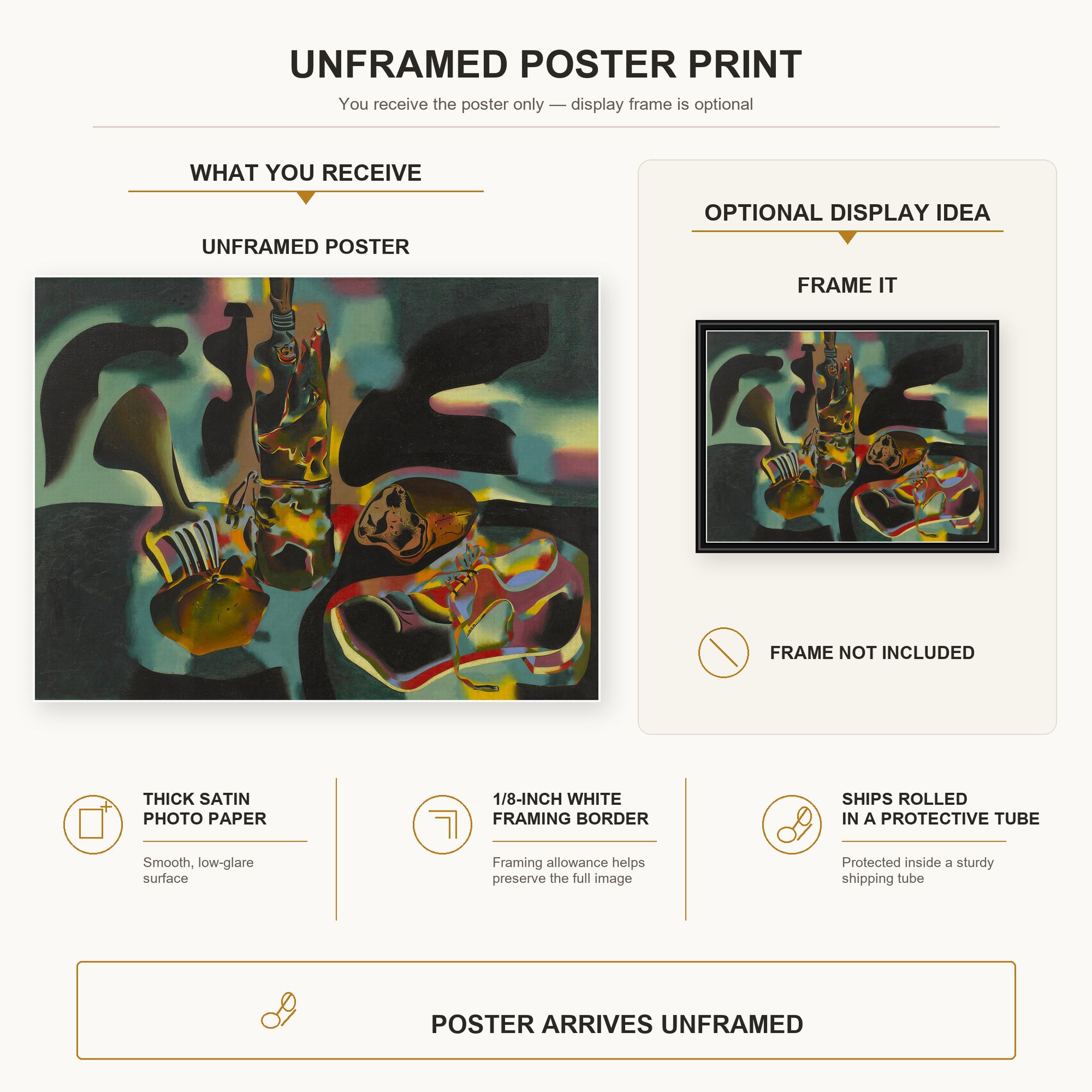 Joan Miró - Still Life with Old Shoe poster print size comparison and framing display infographic